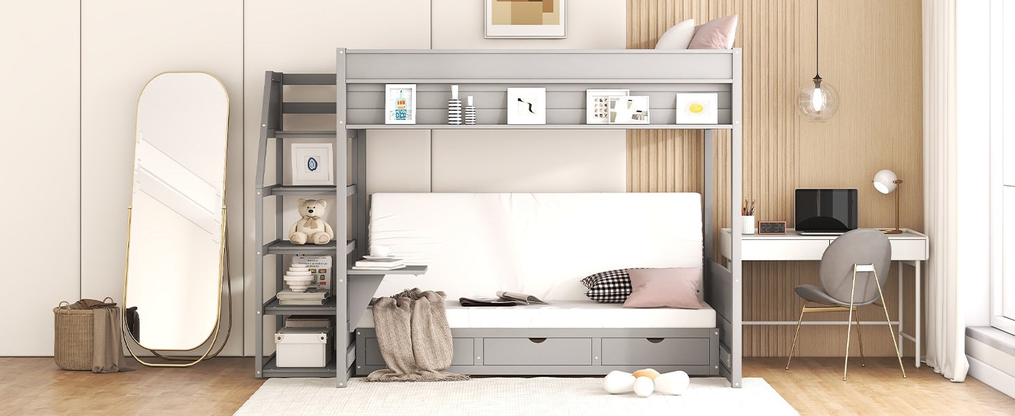 Wood Full Size Convertible Bunk Bed with Storage Staircase, Bedside Table, and 3 Drawers, Gray - Atlantic Fine Furniture Melbourne FL