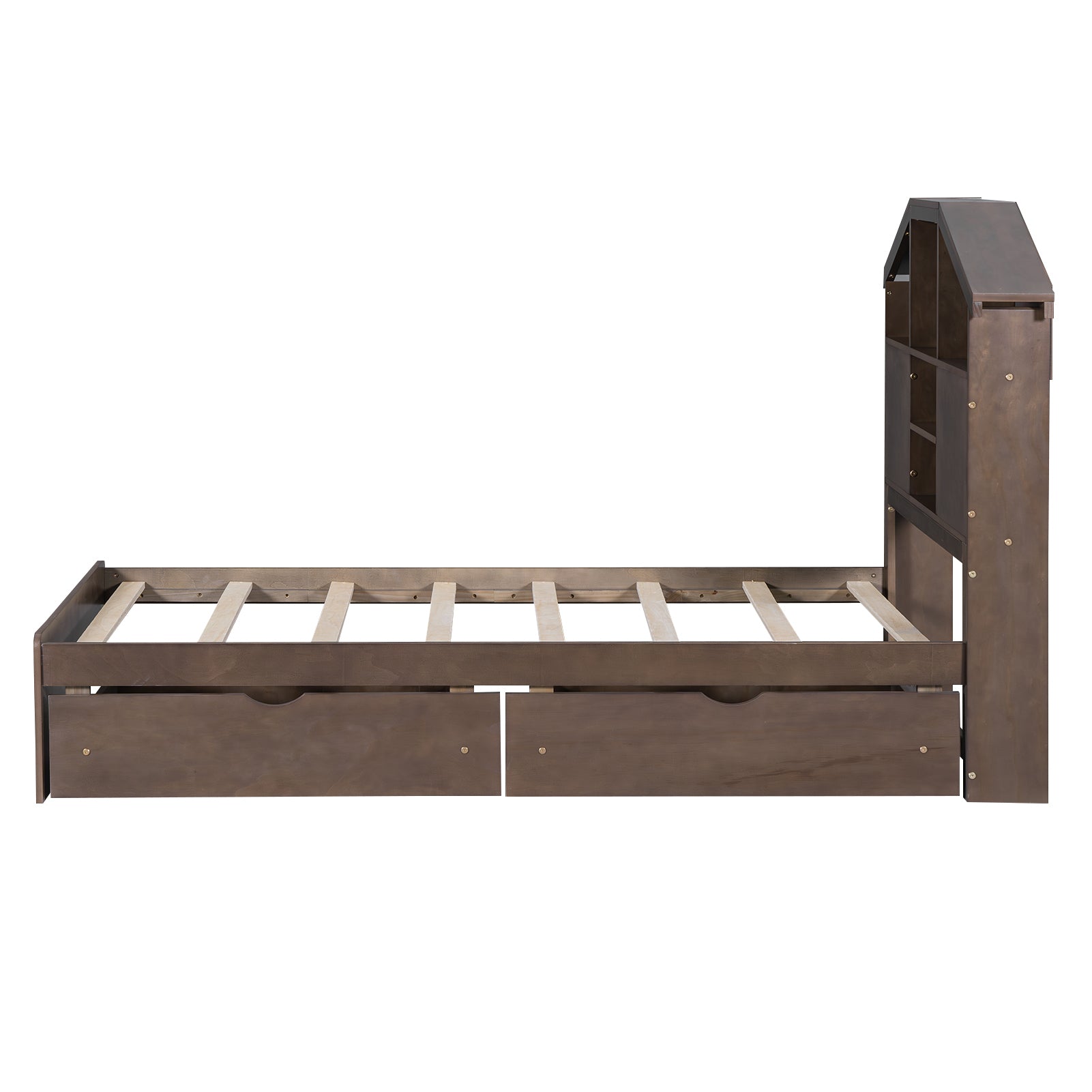 Twin Size Wood Platform Bed with House-shaped Storage Headboard and 2 Drawers, Walnut - Atlantic Fine Furniture Melbourne FL