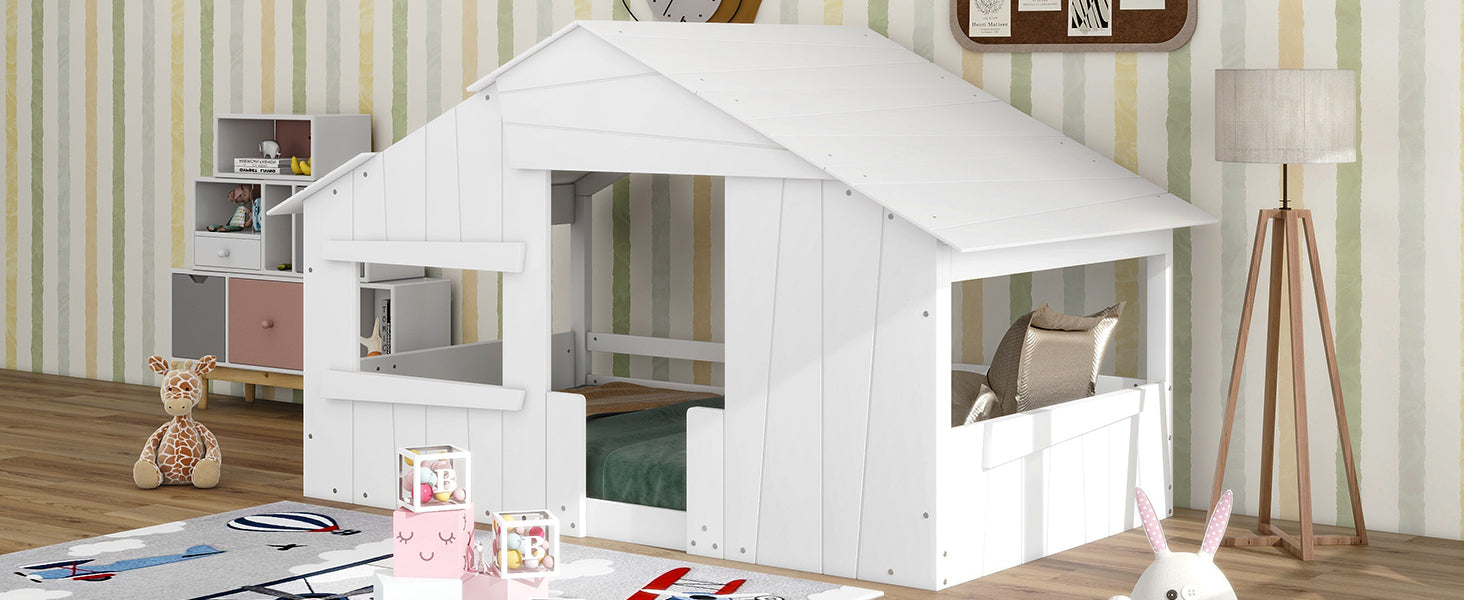 Wood Twin Size House Bed with Roof, Window and Guardrail, White - Atlantic Fine Furniture Melbourne FL