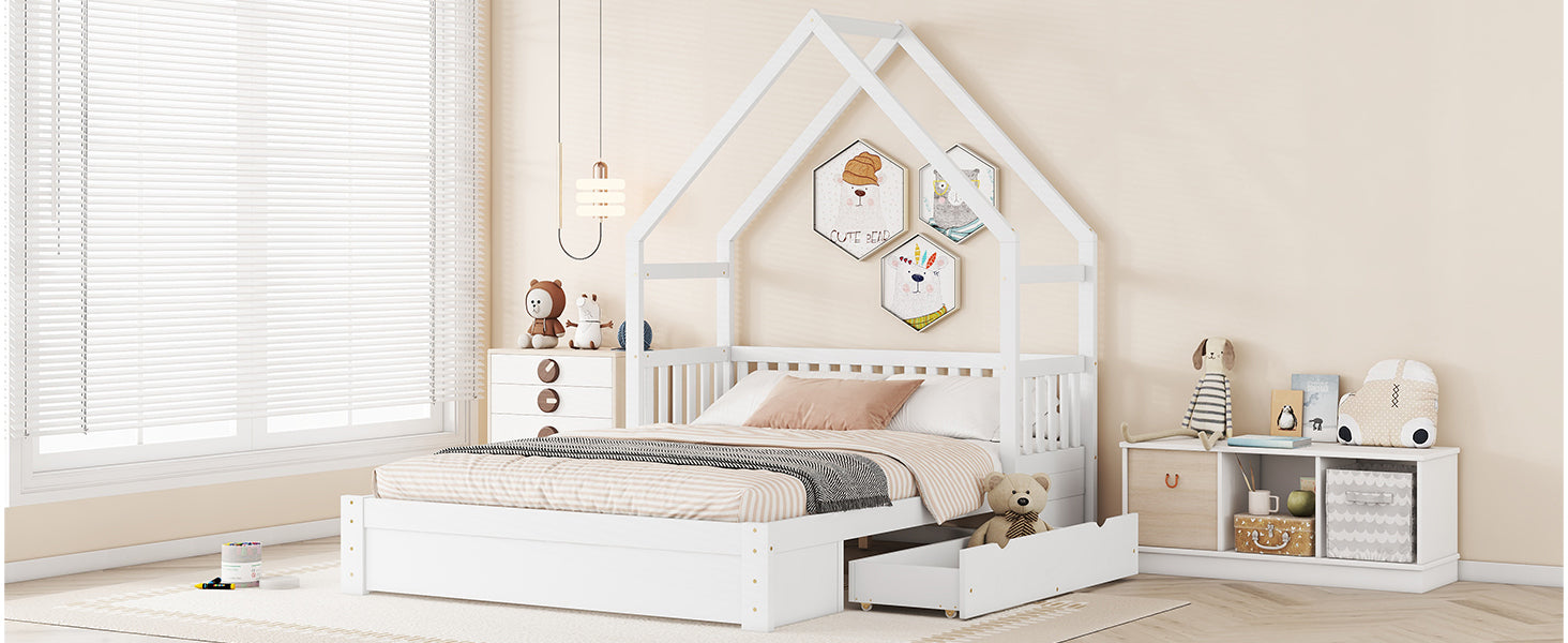 Wood Queen Size House Platform Bed with Guardrail and 2 Drawers, White (Expected Arrival Time:4.26) - Atlantic Fine Furniture Melbourne FL