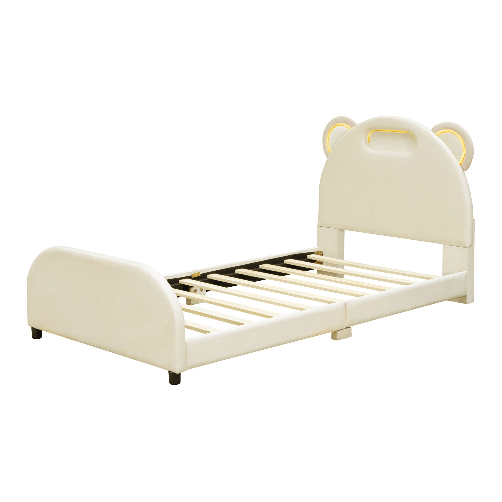 Twin Size Upholstered Platform Bed with Bear-Shaped Headboard and Embedded Light Stripe, Velvet, Beige - Atlantic Fine Furniture Melbourne FL
