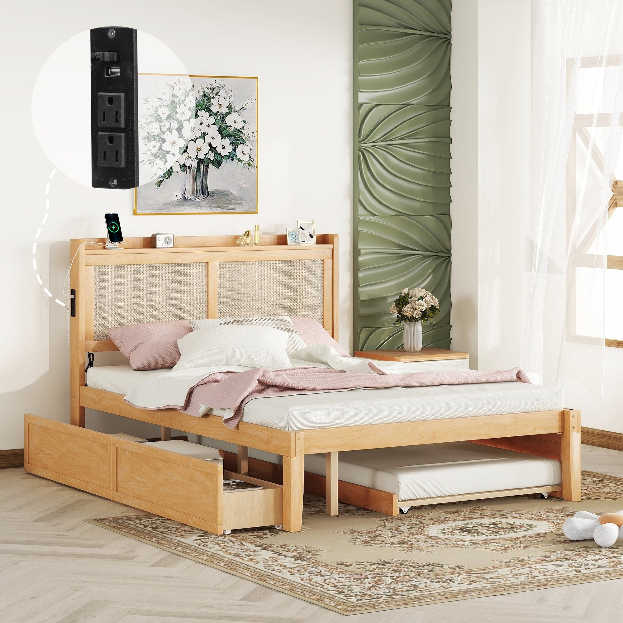 Queen Size Elegant Bed Frame with Rattan Headboard and Sockets ,Walnut - Atlantic Fine Furniture Melbourne FL