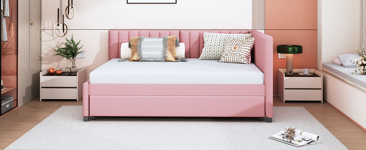 Full Size Upholstered Daybed with Trundle Sofa Bed Frame No Box Spring Needed, Linen Fabric(Pink) - Atlantic Fine Furniture Melbourne FL