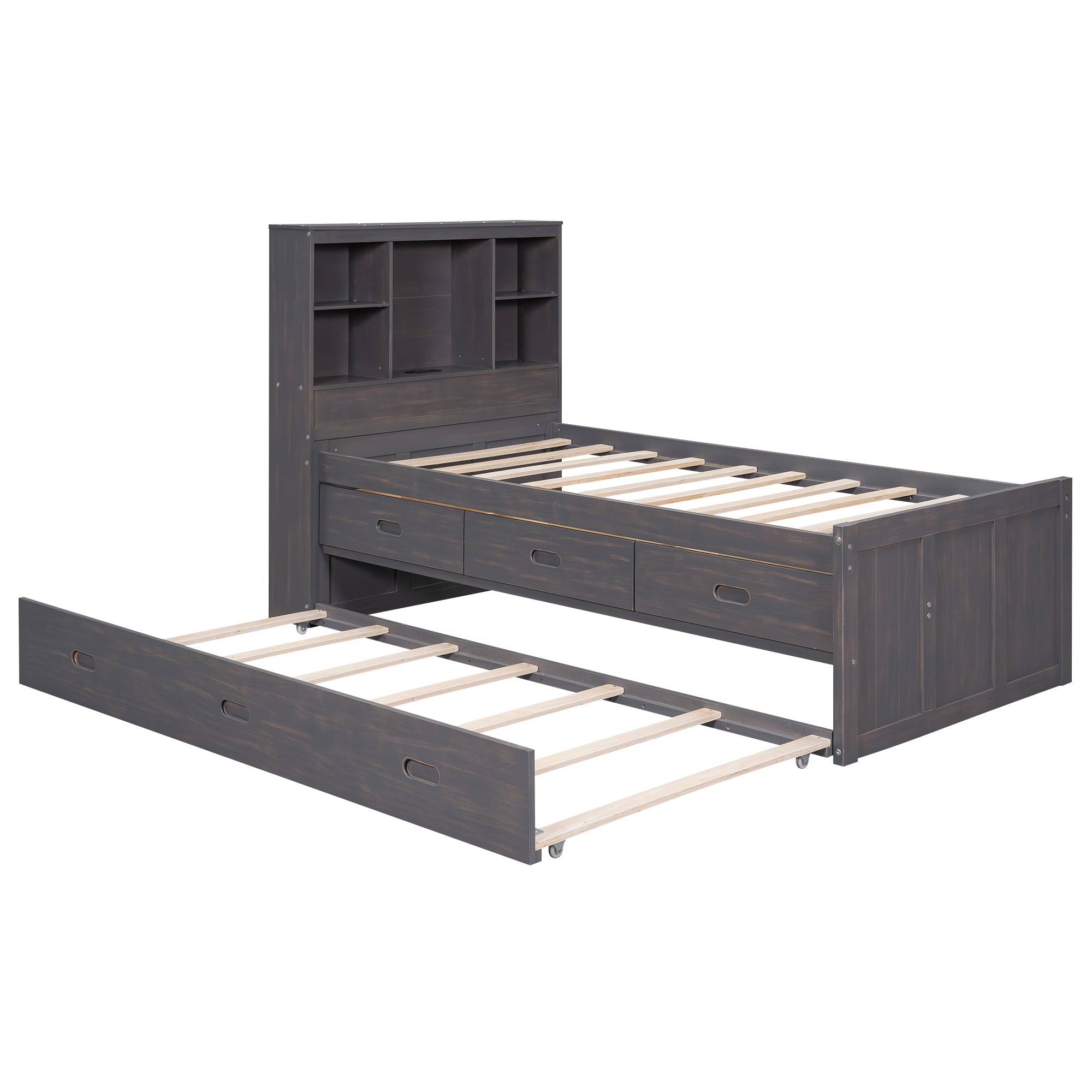 Twin Size Platform Bed with Storage Headboard, Charging Station, Twin Size Trundle and 3 Drawers, Antique Brown - Atlantic Fine Furniture Melbourne FL