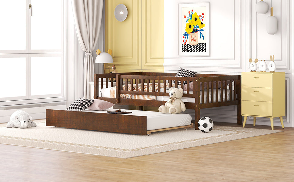 Twin Size Wood Daybed with Trundle and Fence Guardrails, Walnut - Atlantic Fine Furniture Melbourne FL