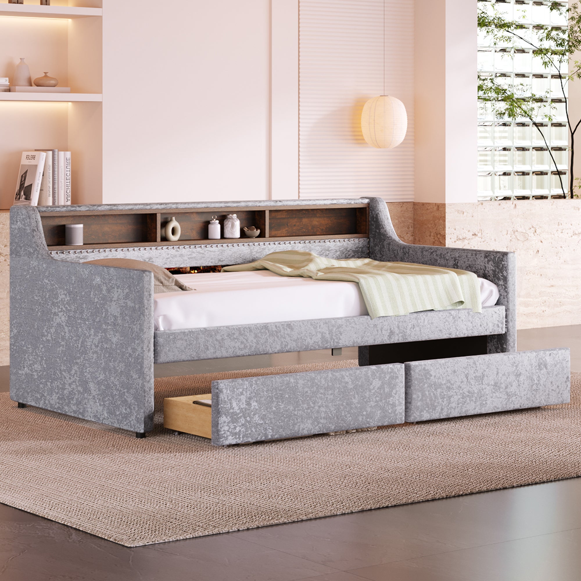 Twin Size Snowflake Velvet Daybed with Two Storage Drawers and Built-in Storage Shelves,Gray - Atlantic Fine Furniture Melbourne FL