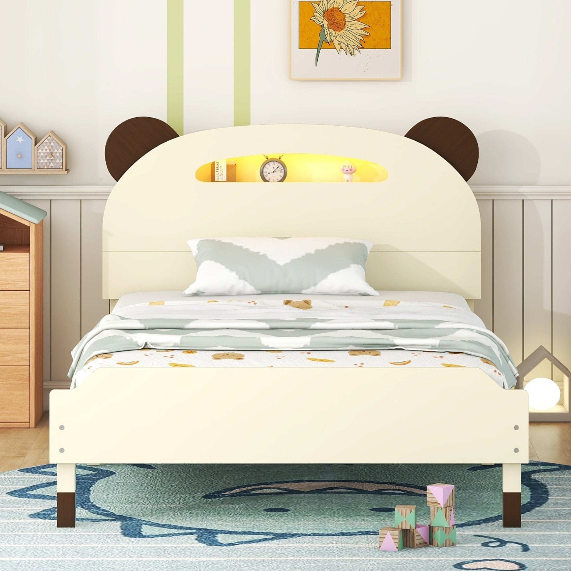 Twin Size Wood Platform Bed with Bear-shaped Headboard,Bed with Motion Activated Night Lights,Cream+Walnut - Atlantic Fine Furniture Melbourne FL