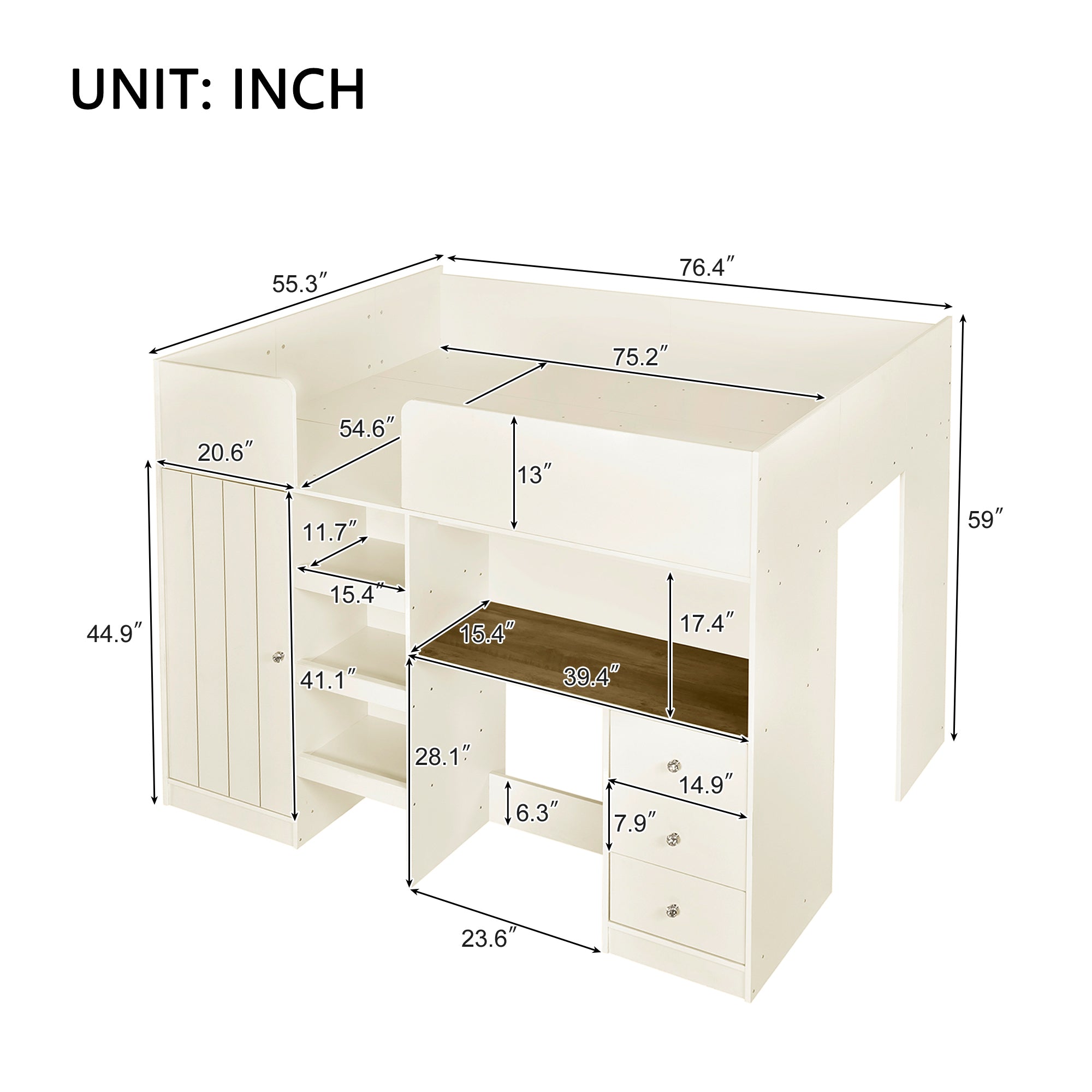 Wood Full Size Loft Bed with Built-in Wardrobe, Desk, Storage Shelves and Drawers, Beige - Atlantic Fine Furniture Melbourne FL