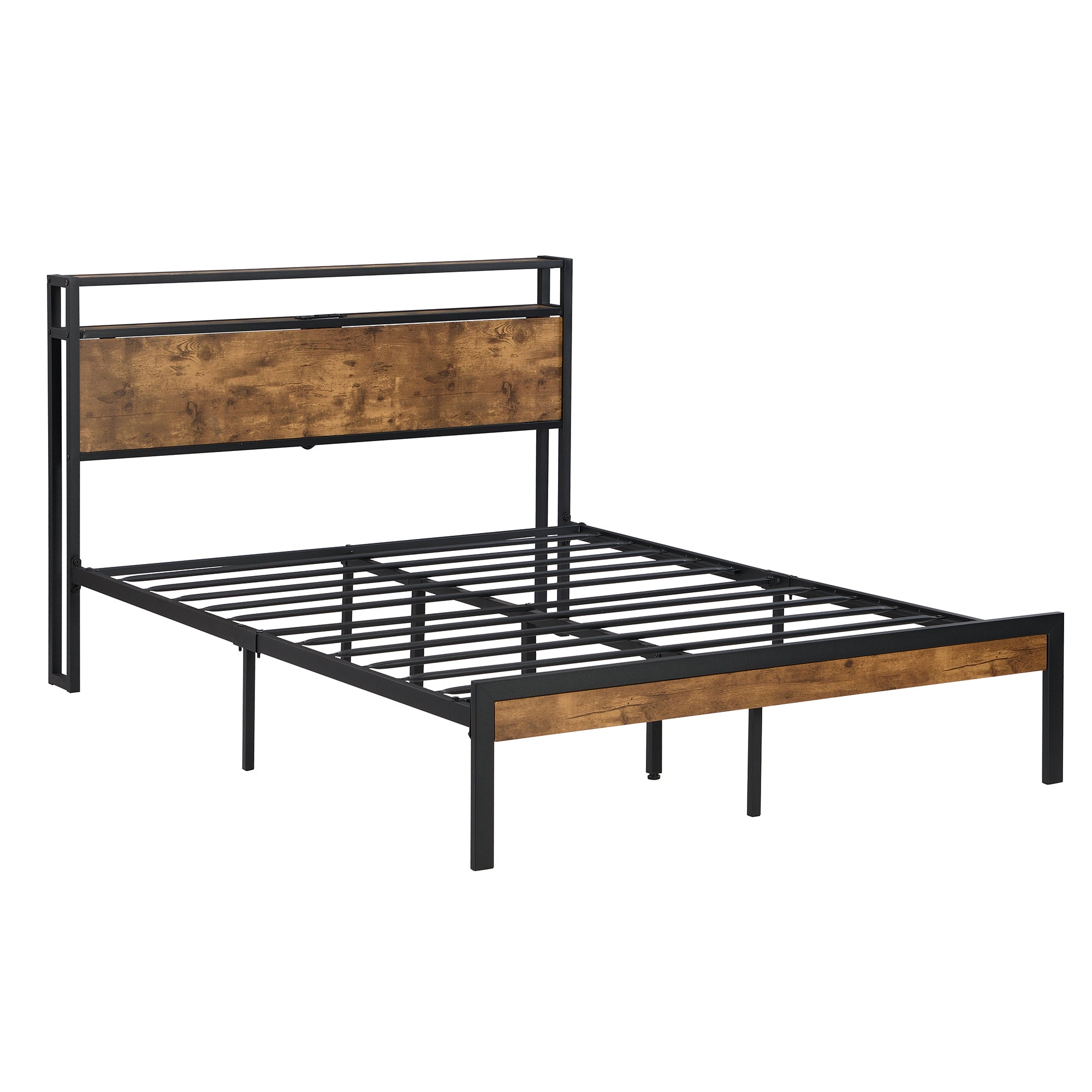 Full Size Metal Platform Bed Frame with Wooden Headboard and Footboard with USB LINER, No Box Spring Needed, Large Under Bed Storage, Easy Assemble - Atlantic Fine Furniture Melbourne FL