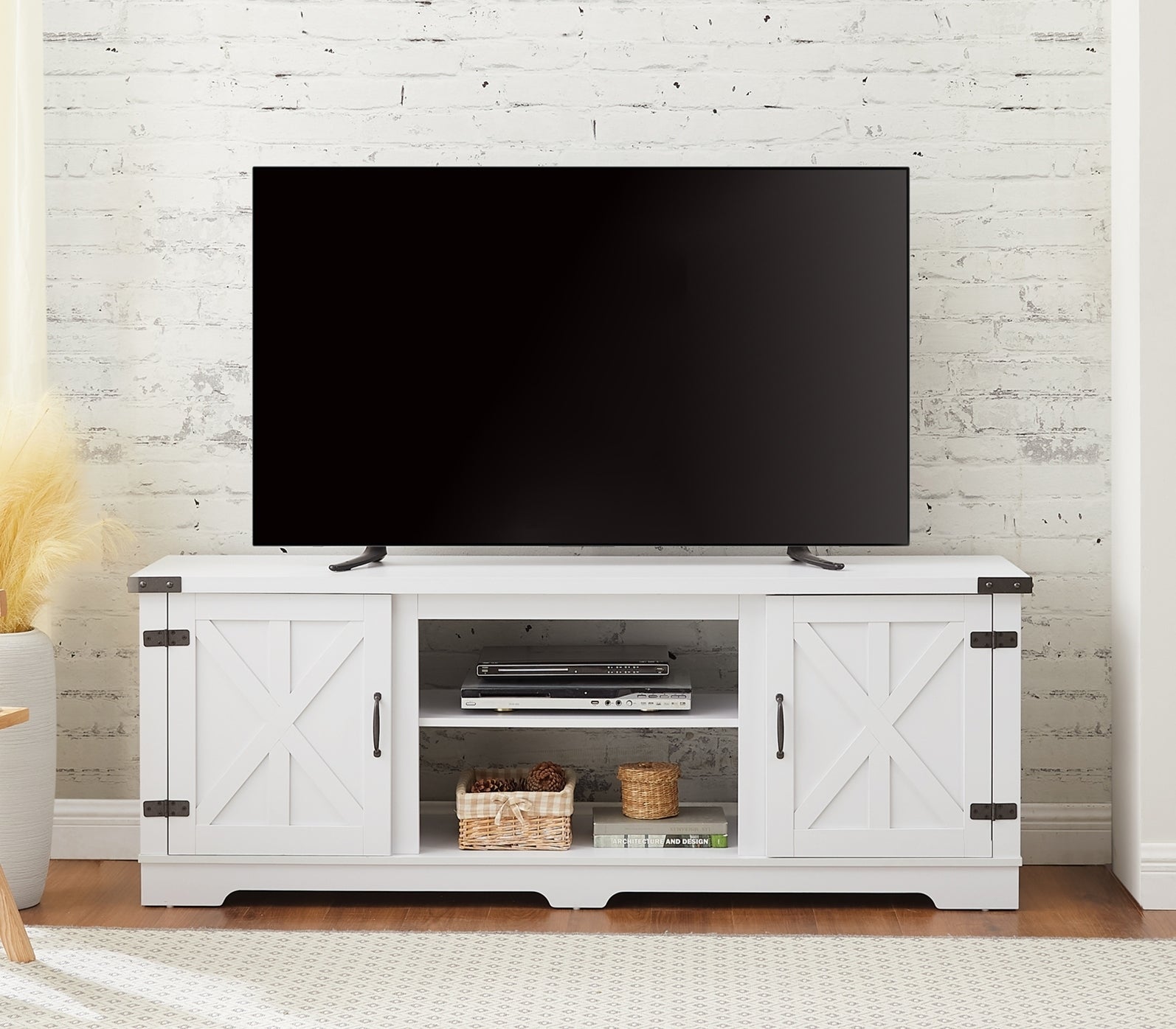 Modern Farmhouse TV Media Stand, Large Barn Inspired Home Entertainment Console, for TV Up to 70'', with Open Shelves and Closed Cabinets, White, 64.8"W*15.67"D*24.29"H