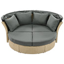 Outdoor Patio Daybed Wicker Rattan Double Daybed Round Sofa Furniture Set With Retractable Canopy, 4 Pillows For Lawn Garden