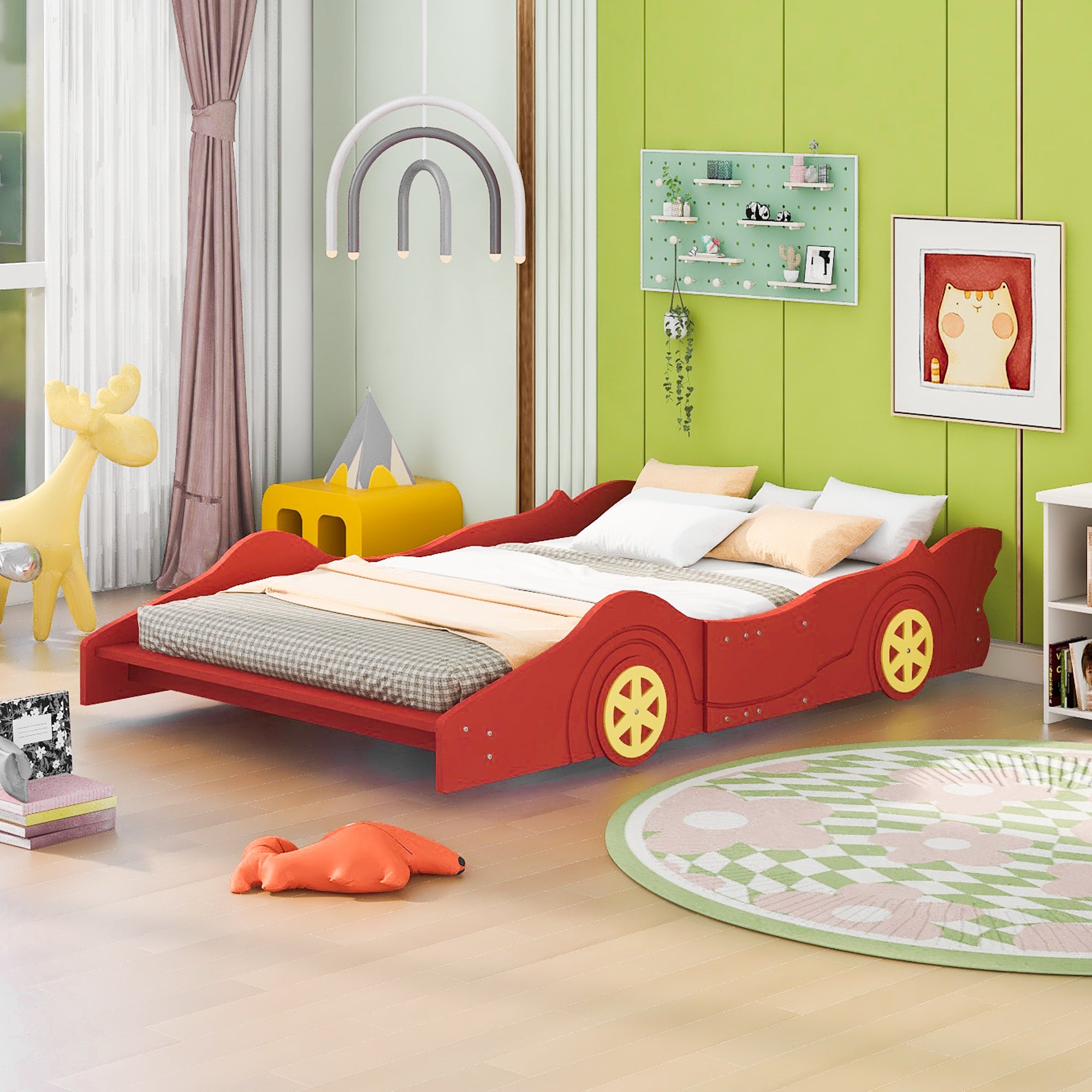Full Size Race Car-Shaped Platform Bed with Wheels,Red - Atlantic Fine Furniture Melbourne FL