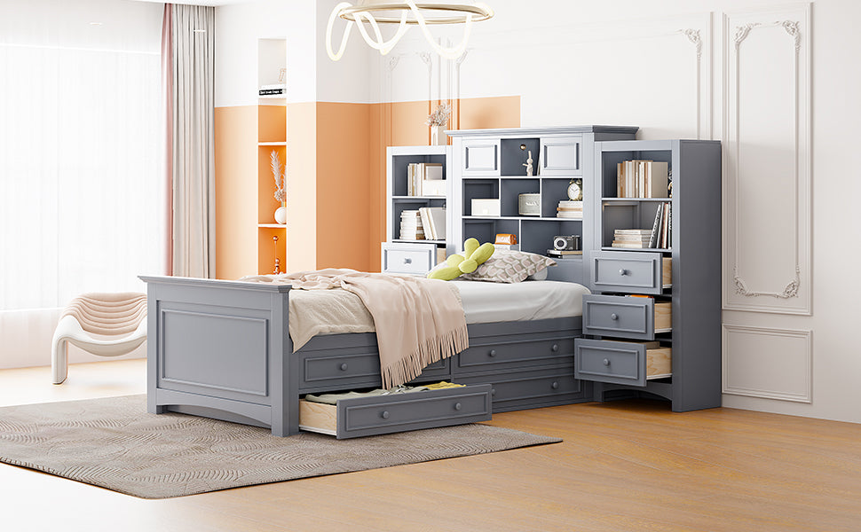 Twin Size Wood Platformbed with Vertical All-in-One Cabinet and 4 Drawers on each side, Gray - Atlantic Fine Furniture Melbourne FL