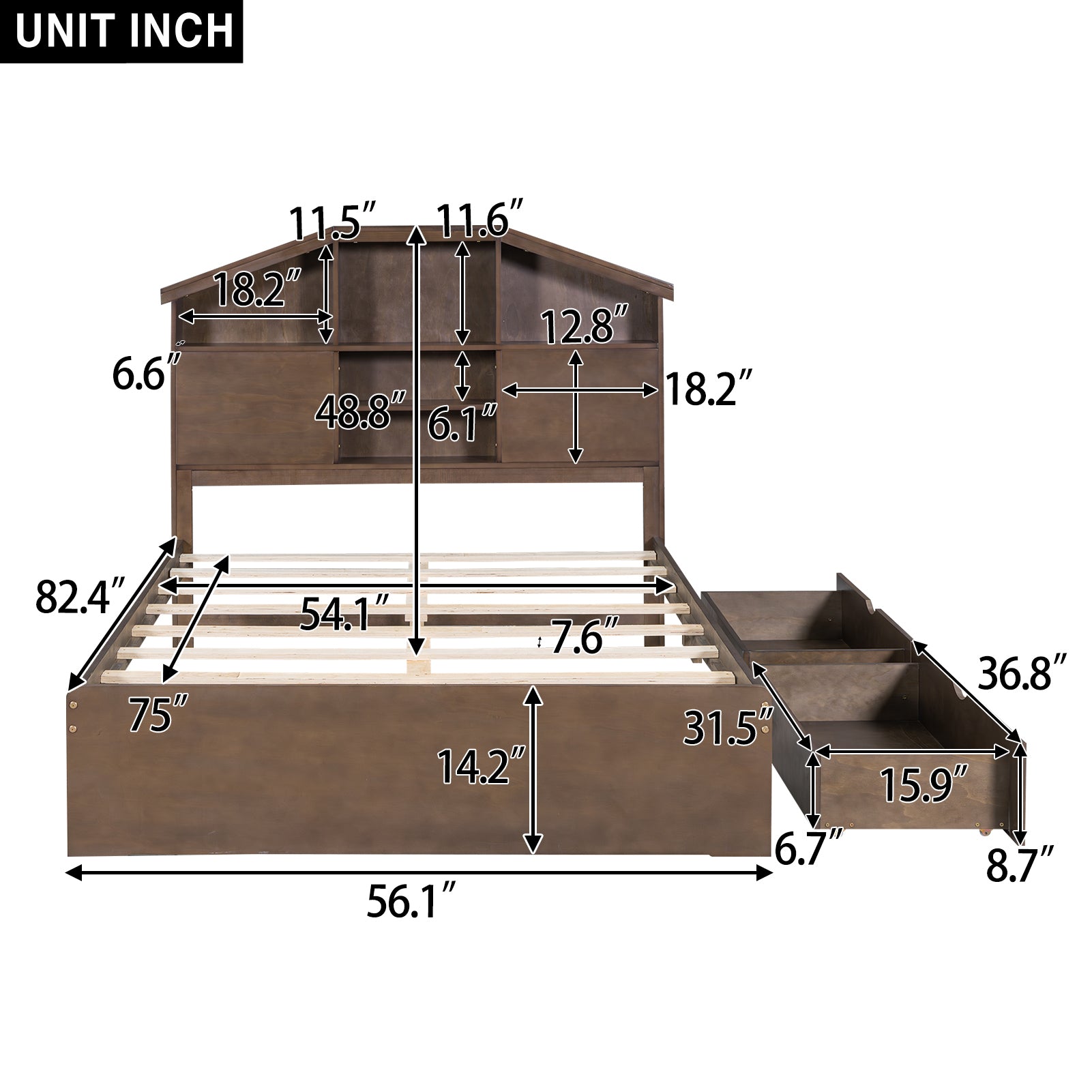 Full Size Wood Platform Bed with House-shaped Storage Headboard and 2 Drawers, Walnut - Atlantic Fine Furniture Melbourne FL