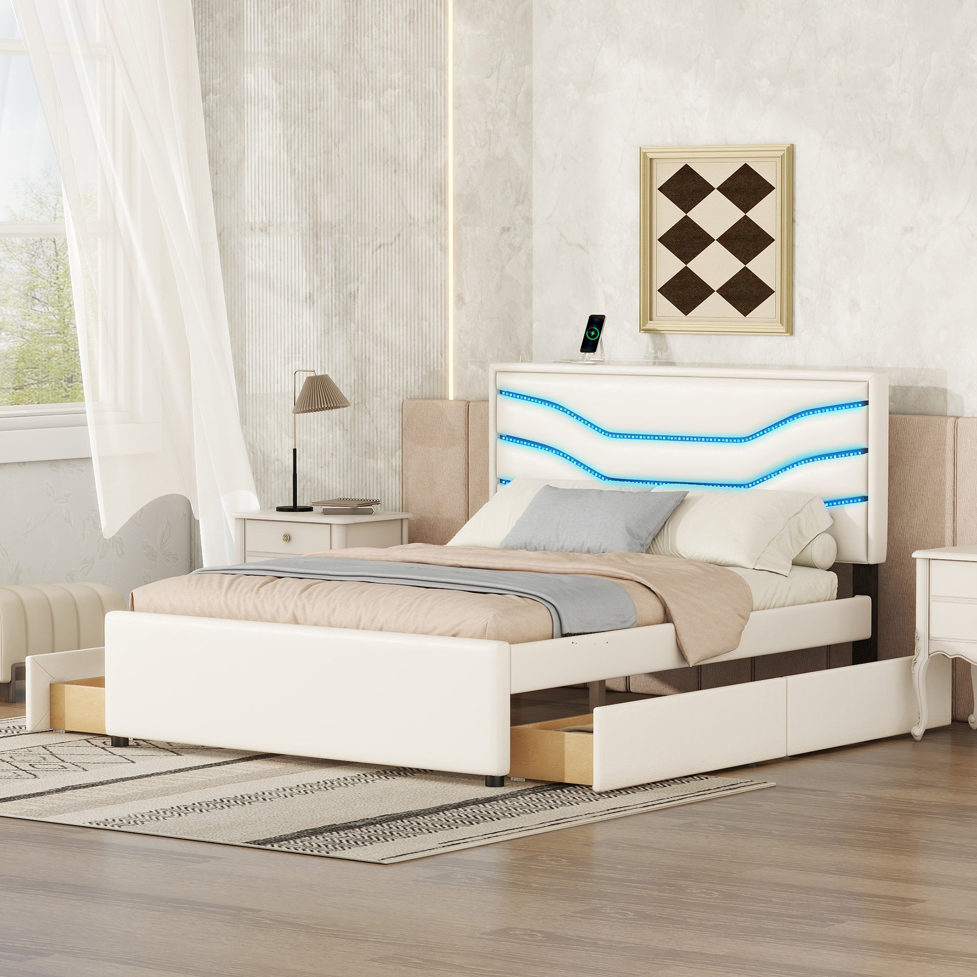 Queen Size Upholstered Storage Platform Bed with LED, 4 Drawers and USB Charging, White - Atlantic Fine Furniture Melbourne FL