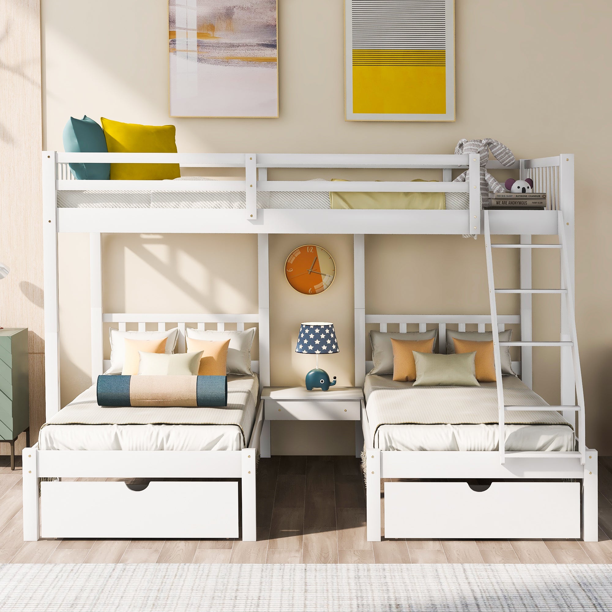 Full Over Twin & Twin Bunk Bed, Wood Triple Bunk Bed with Drawers and Guardrails, White (OLD SKU: LP000143AAK)