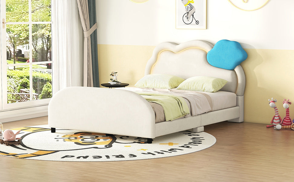 Full Size Upholstered Platform Bed with Cloud-Shaped Headboard and Embedded Light Stripe, Velvet, Beige - Atlantic Fine Furniture Melbourne FL