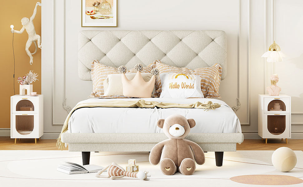 Twin Size Upholstered Bed with Light Stripe, Floating Platform Bed, Linen Fabric,Beige - Atlantic Fine Furniture Melbourne FL