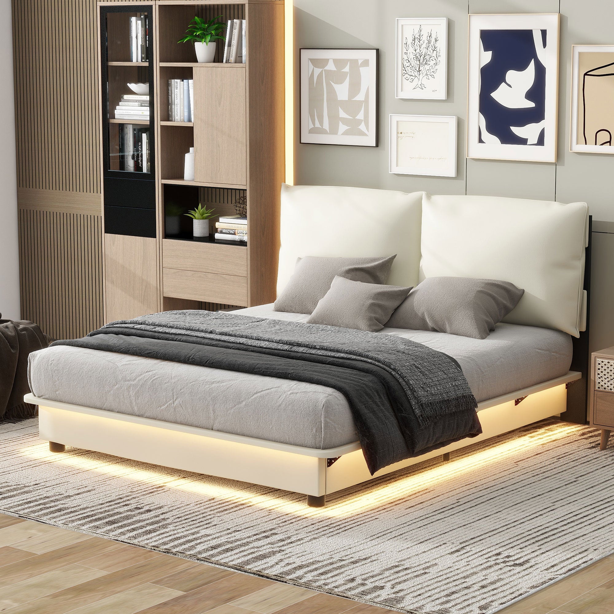 Queen Size Upholstered Platform Bed with Sensor Light and Ergonomic Design Backrests, White - Atlantic Fine Furniture Melbourne FL