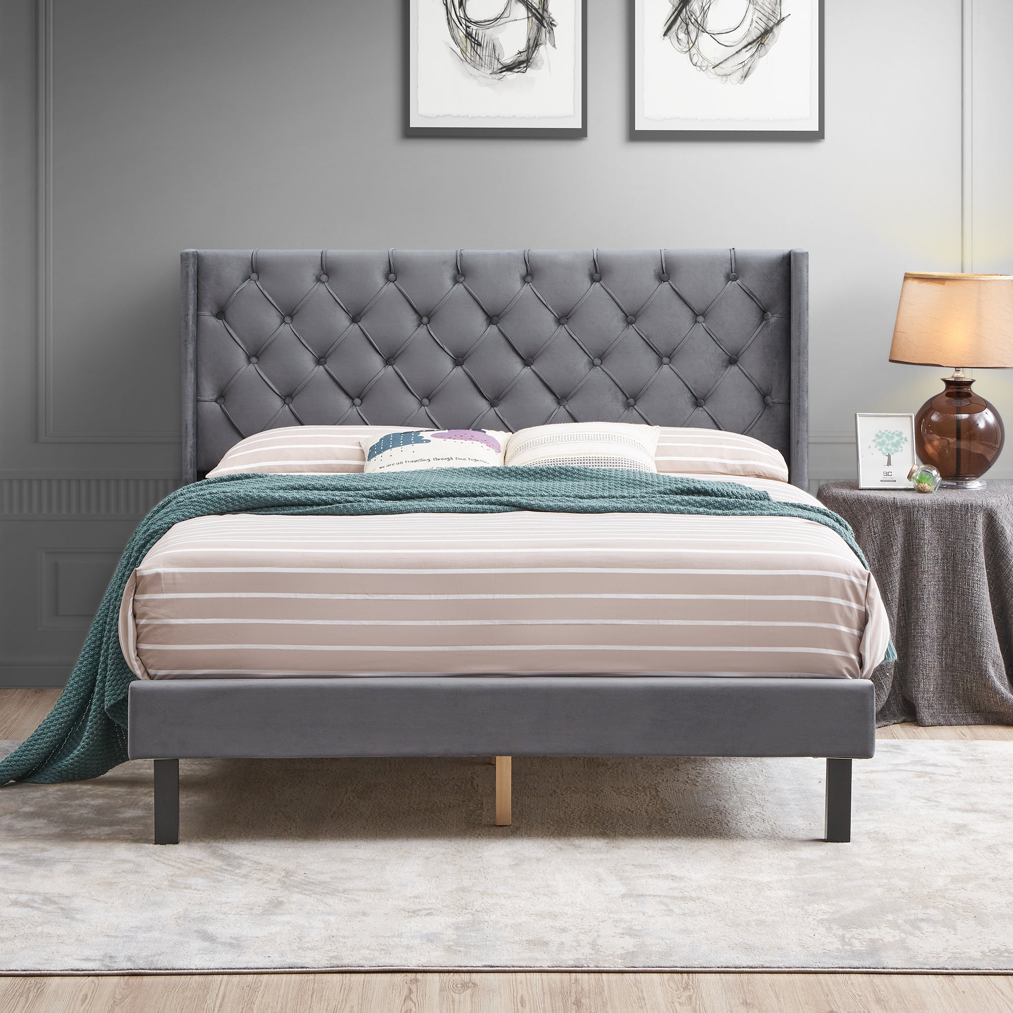 Velvet Button Tufted-Upholstered Bed with Wings Design - Strong Wood Slat Support - Easy Assembly - Gray, Queen, platform bed - Atlantic Fine Furniture Melbourne FL