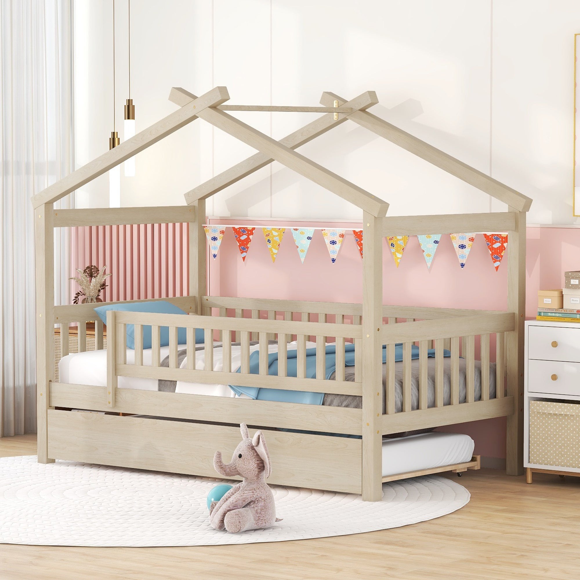 Twin Size Wooden House Bed with Twin Size Trundle, Natural - Atlantic Fine Furniture Melbourne FL