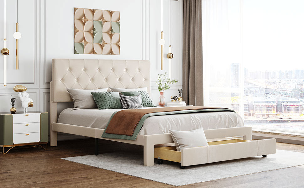 Queen Size Storage Bed Velvet Upholstered Platform Bed with a Big Drawer - Beige