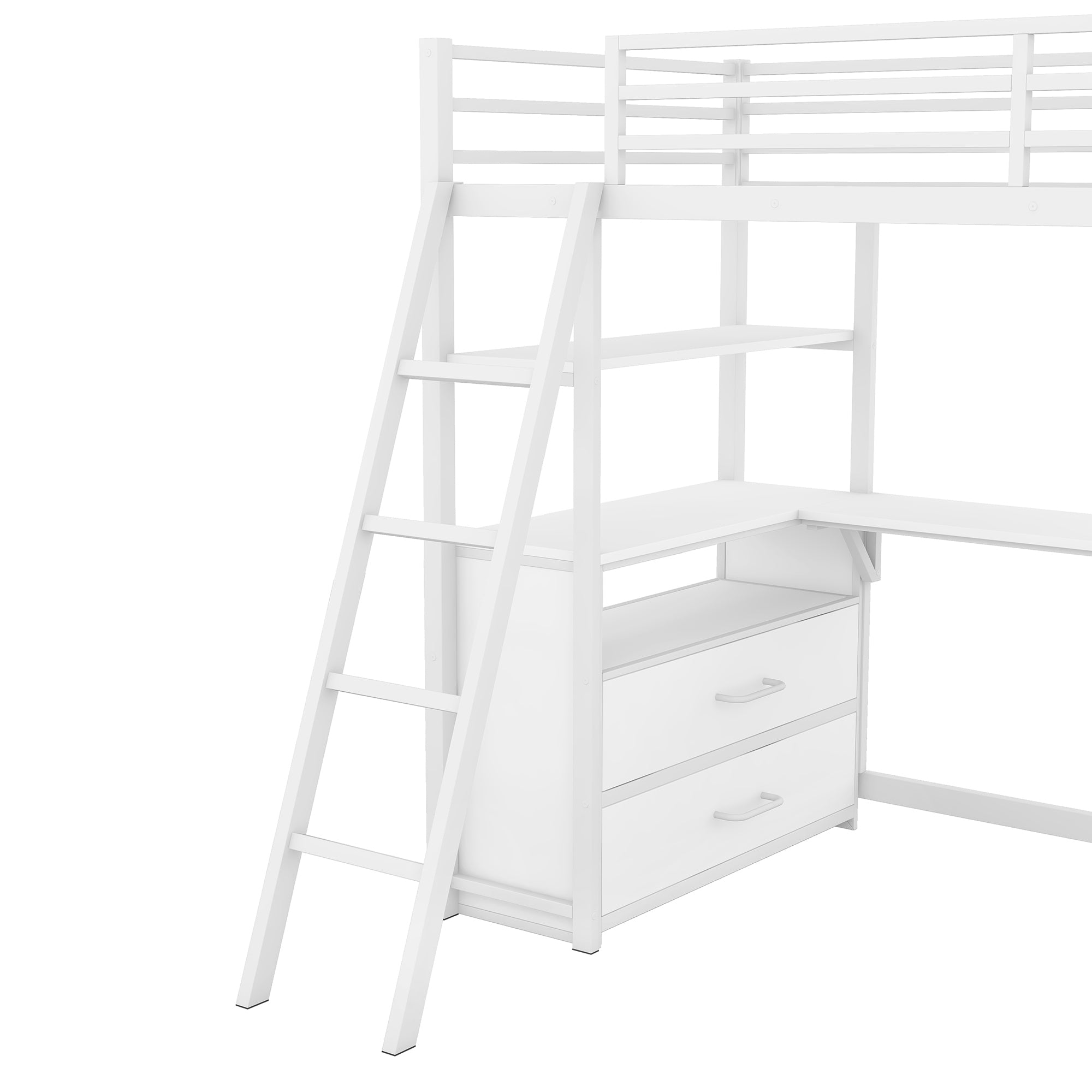 Twin Size Metal&Wood Loft Bed with Desk and Shelves, Two Built-in Drawers, White - Atlantic Fine Furniture Melbourne FL