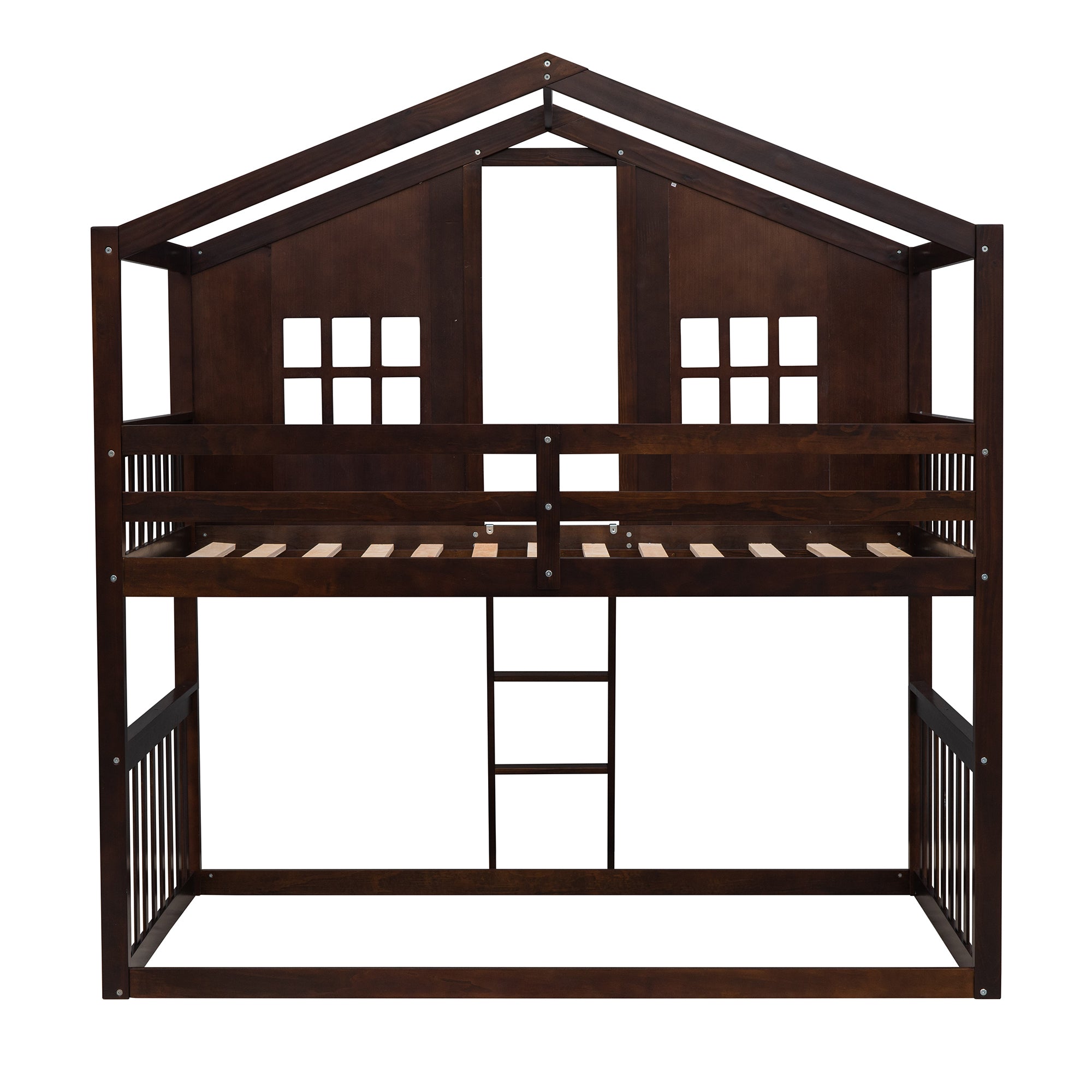 Twin Over Twin House Bunk Bed With Ladder, Wood Bed-Espresso - Atlantic Fine Furniture Melbourne FL