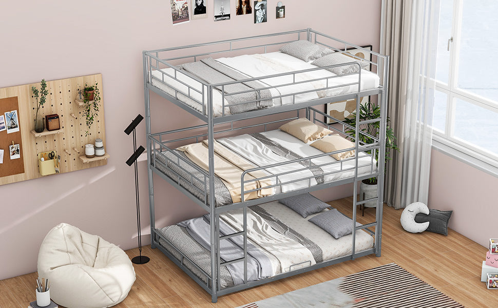 Metal Full Size Triple Bunk Bed, Silver