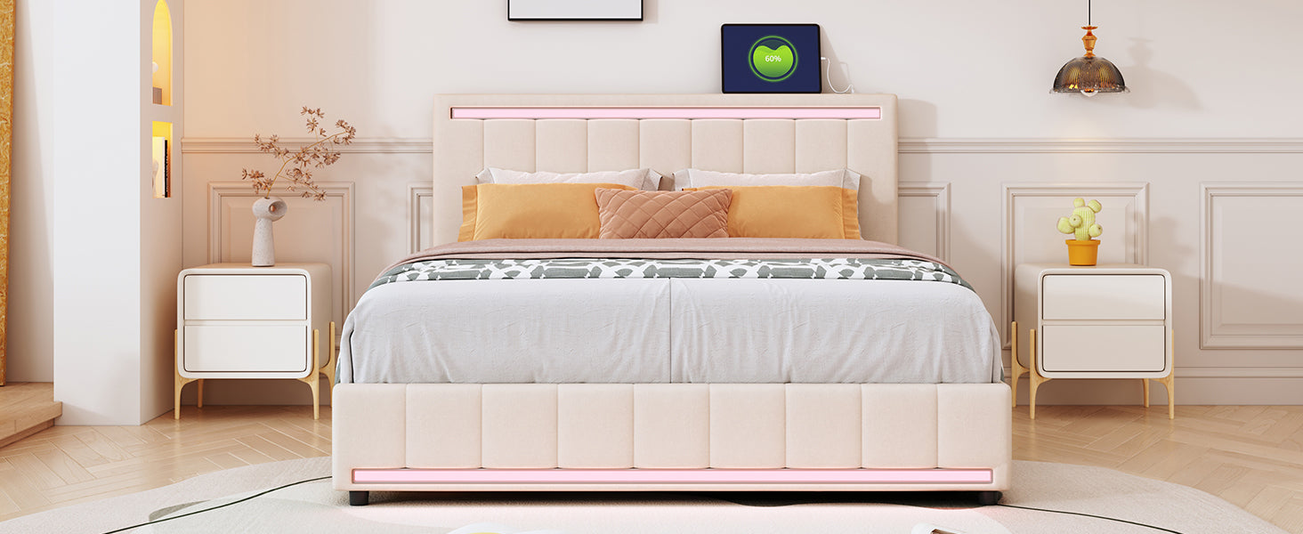 Queen Size Upholstered Bed with LED Light and 4 Drawers, Modern Platform Bed with a set of Sockets and USB Ports, Linen Fabric, Beige - Atlantic Fine Furniture Melbourne FL