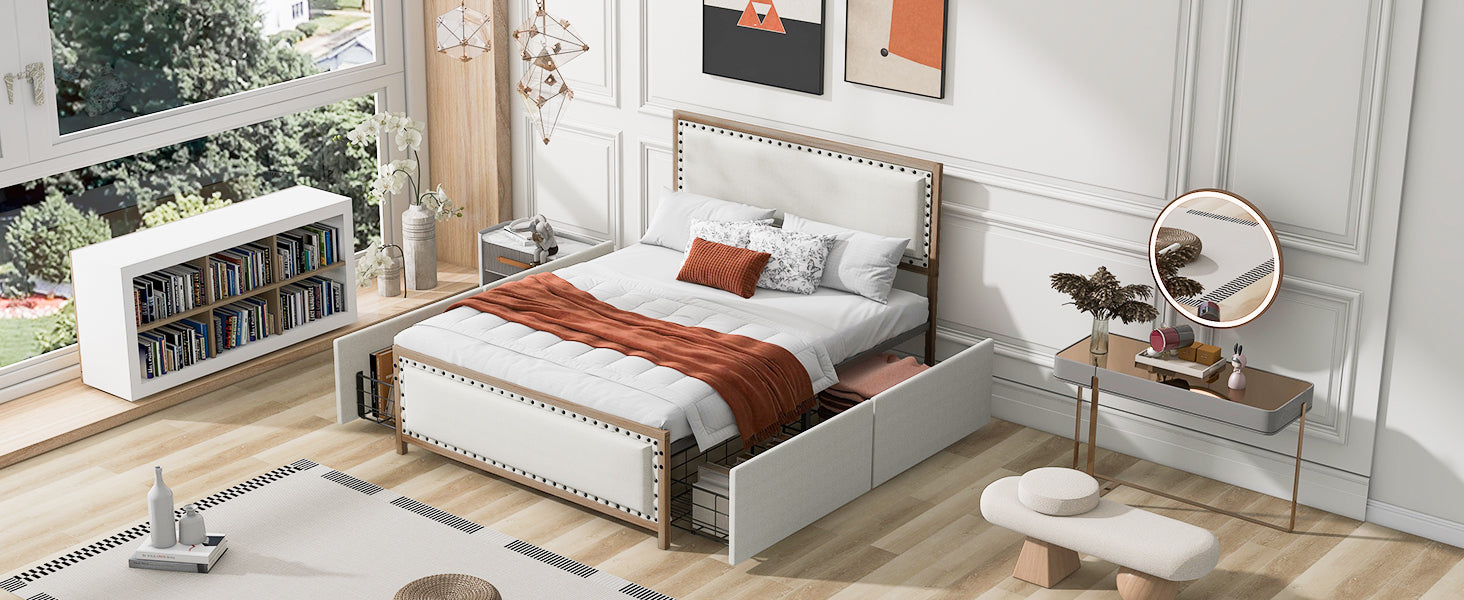 Queen Size Upholstered Platform Bed with Nailhead Decoration and 4 Drawers, Brown - Atlantic Fine Furniture Melbourne FL