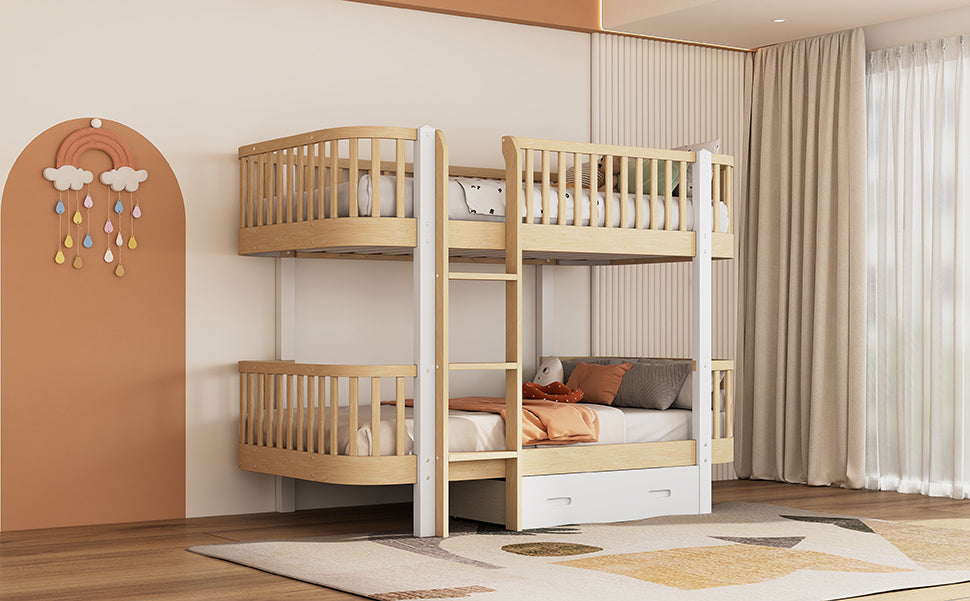 Wood Twin over Twin Bunk Bed with Fence Guardrail and a Big Drawer, Natural White - Atlantic Fine Furniture Melbourne FL