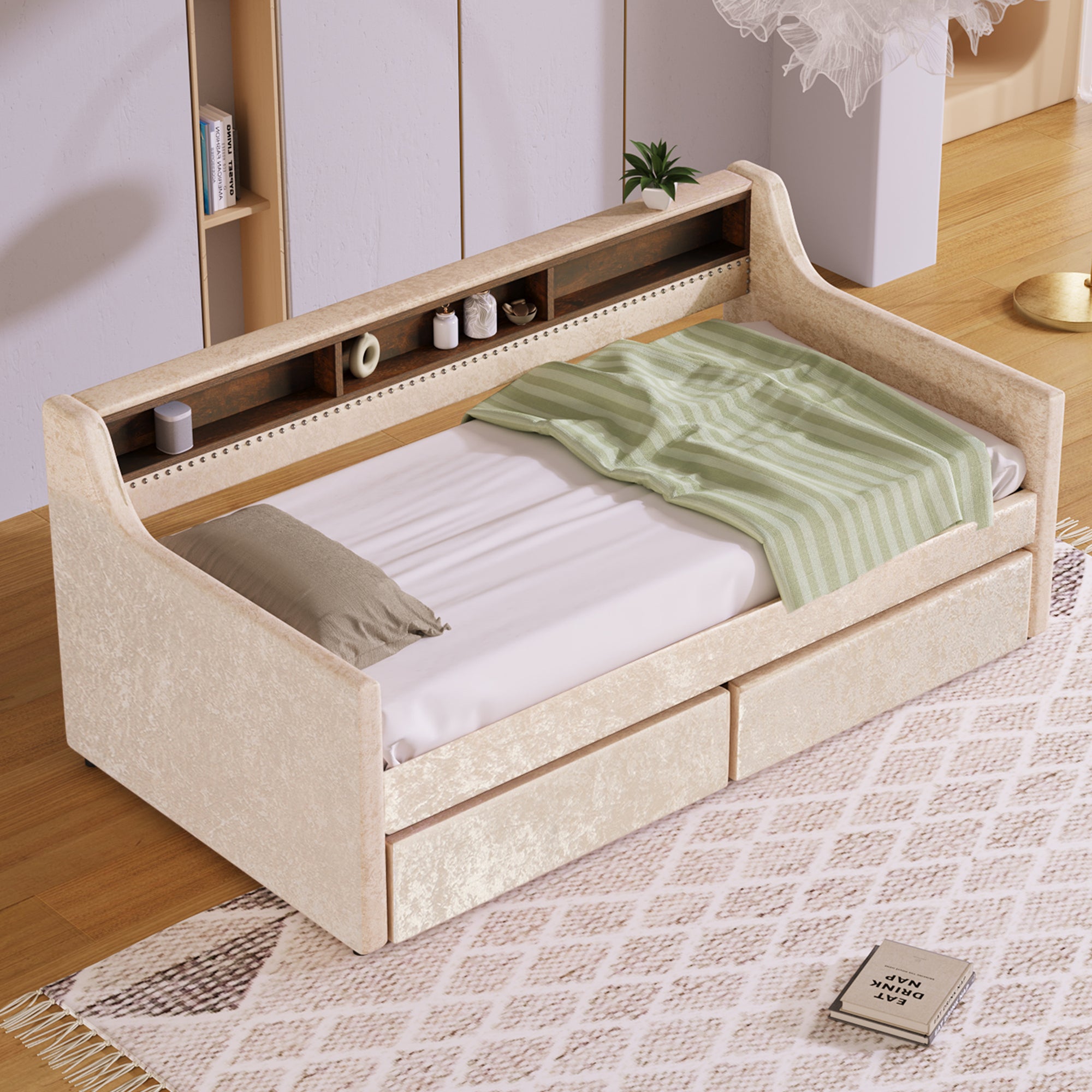 Twin Size Snowflake Velvet Daybed with Two Storage Drawers and Built-in Storage Shelves,Beige - Atlantic Fine Furniture Melbourne FL