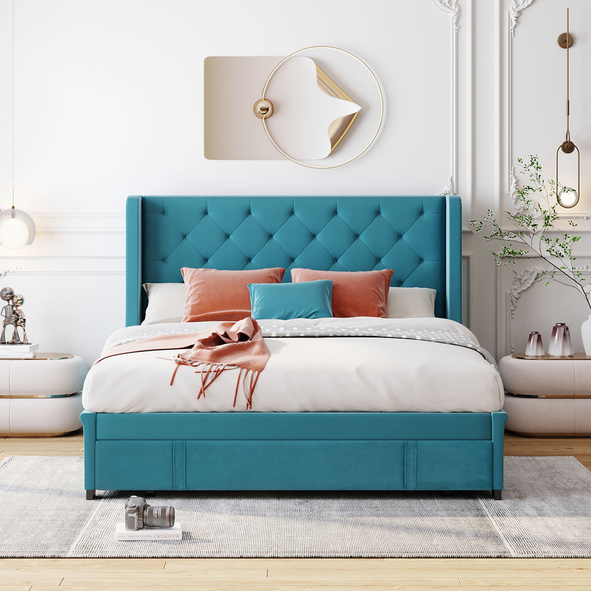 Queen Size Storage Bed Velvet Upholstered Platform Bed with Wingback Headboard and a Big Drawer (Blue) - Atlantic Fine Furniture Melbourne FL