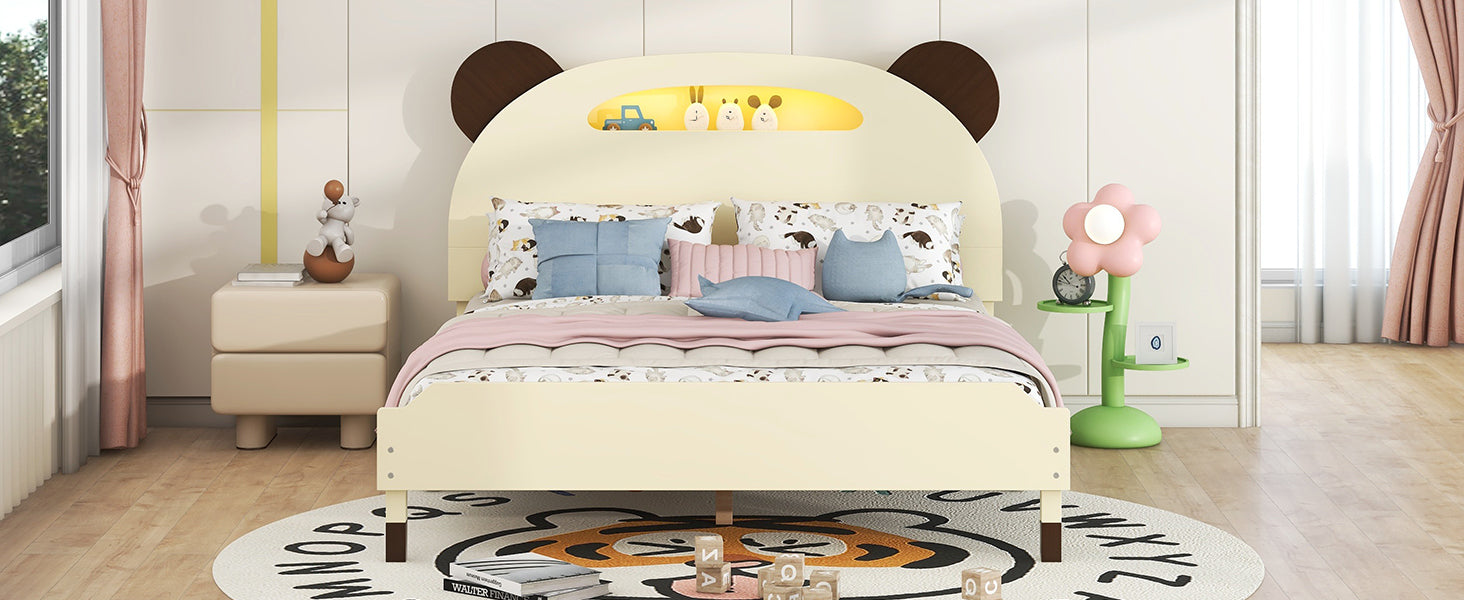 Full Size Wood Platform Bed with Bear-shaped Headboard,Bed with Motion Activated Night Lights,Cream+Walnut - Atlantic Fine Furniture Melbourne FL