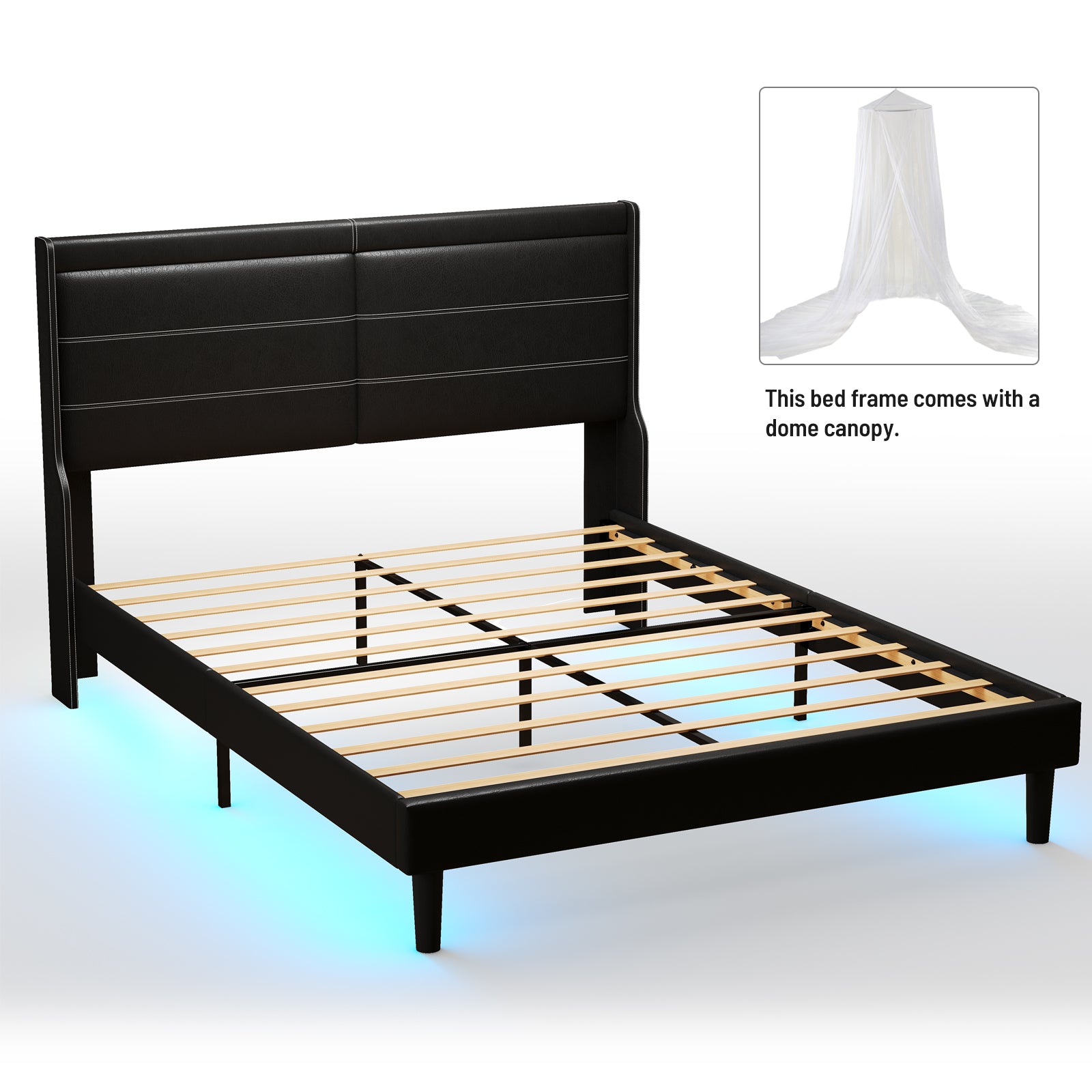 Stylish Queen Size PU Leather Upholstered Bed Frame Platform Bed with Lights Stitched Wing-backed Headboard Strong Wooden Slats Bed Canopy No Box Spring Needed Black - Atlantic Fine Furniture Melbourne FL