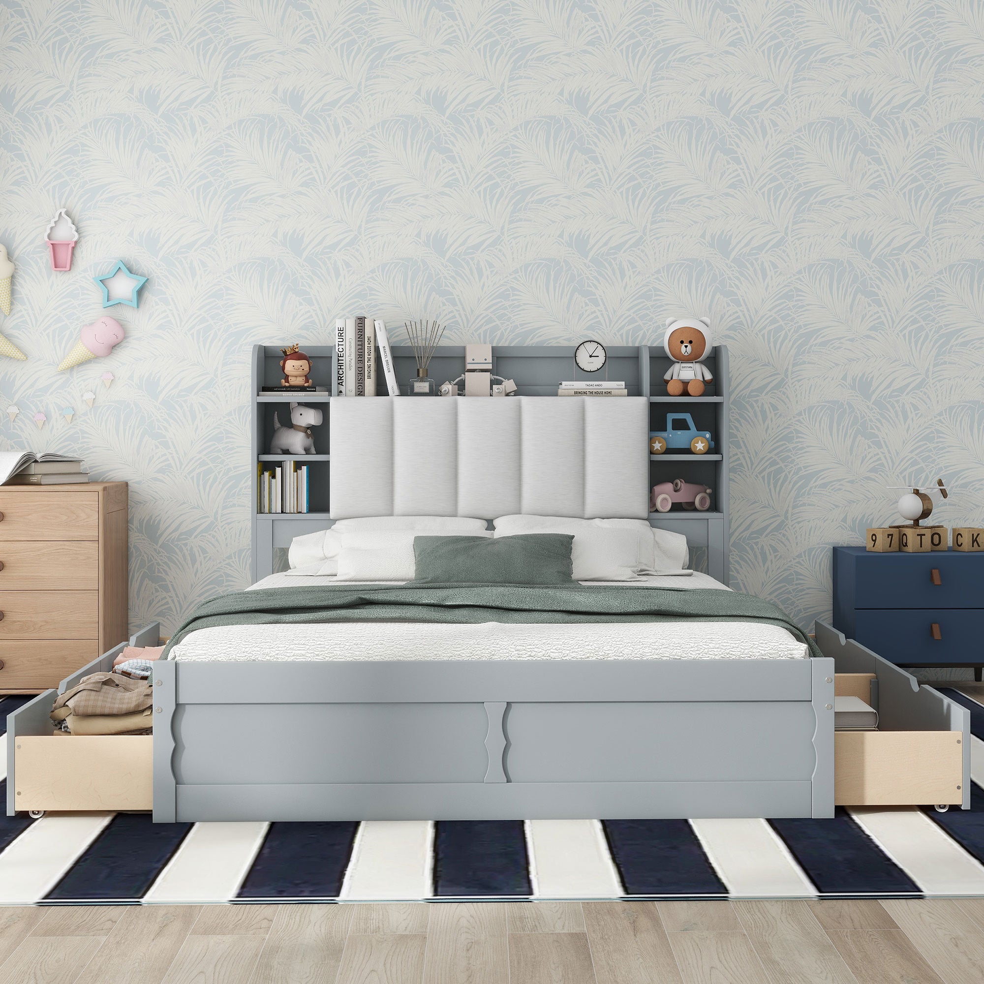 Wood Queen Size Platform Bed with Storage Headboard, Shelves and 4 Drawers, Gray - Atlantic Fine Furniture Melbourne FL