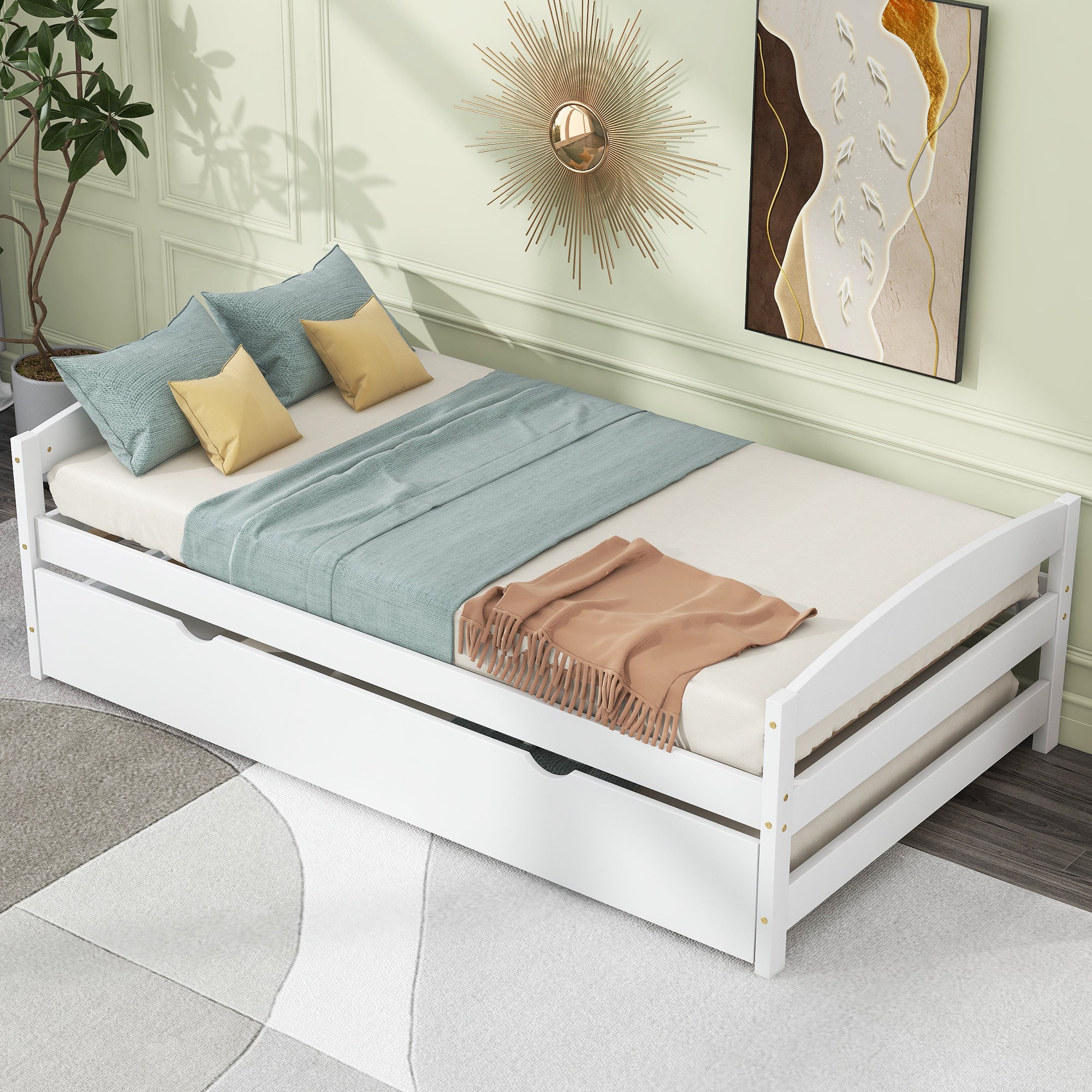 Twin Size Platform Bed with Twin Size Trundle, White - Atlantic Fine Furniture Melbourne FL