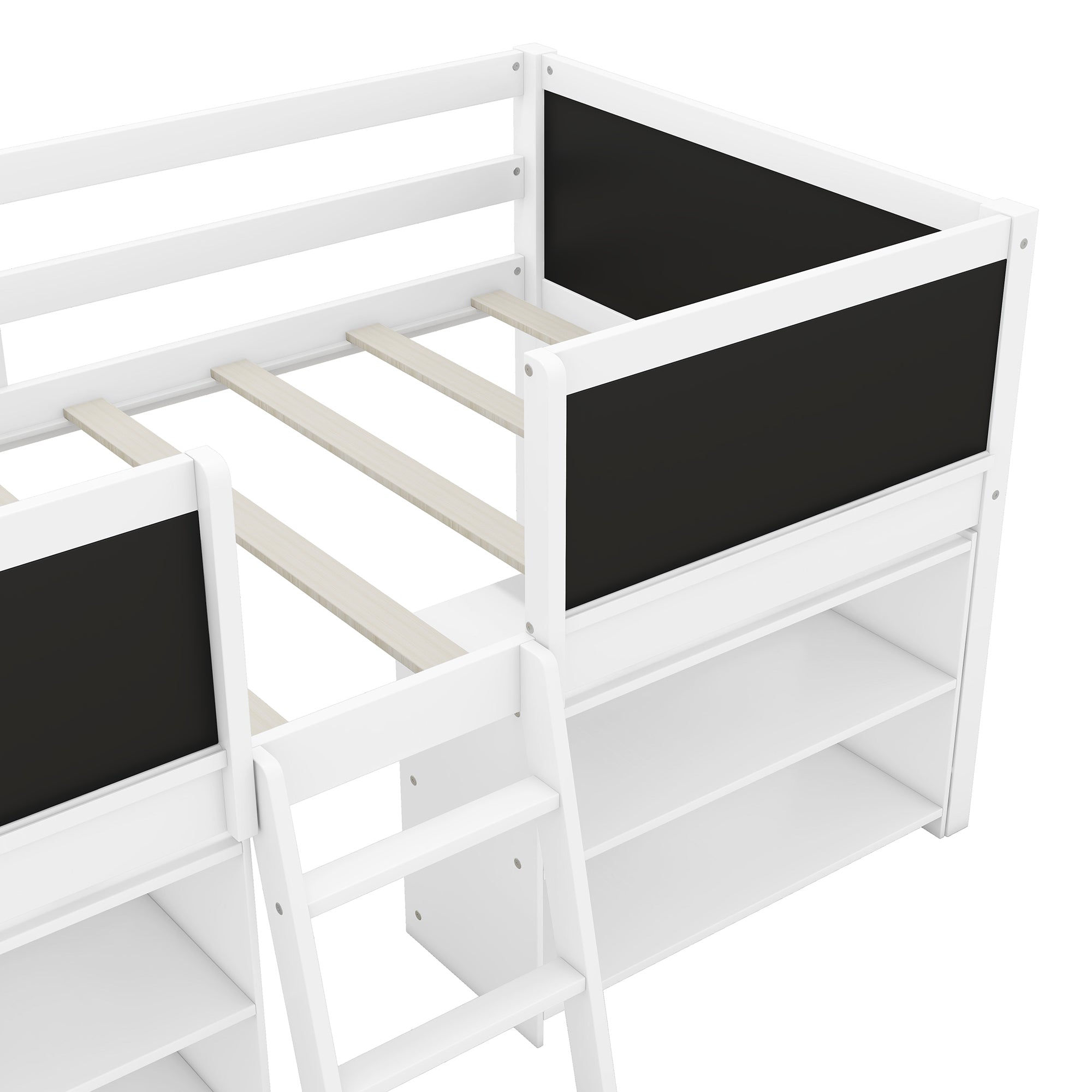 Twin Size Low Loft Bed with Two Movable Shelves and Ladder,with Decorative Guardrail Chalkboard,White(Old SKU: WF283286AAK) - Atlantic Fine Furniture Melbourne FL