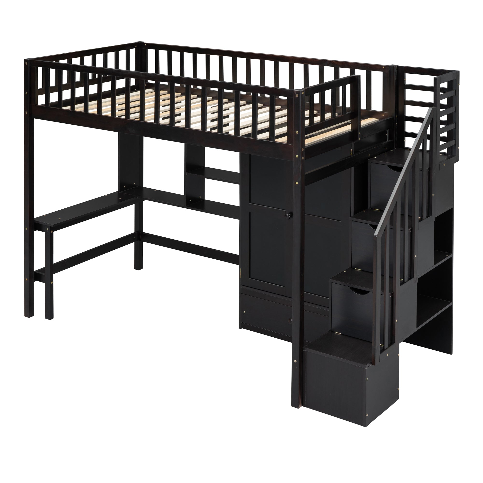 Twin size Loft Bed with Bookshelf,Drawers,Desk,and Wardrobe-Espresso - Atlantic Fine Furniture Melbourne FL