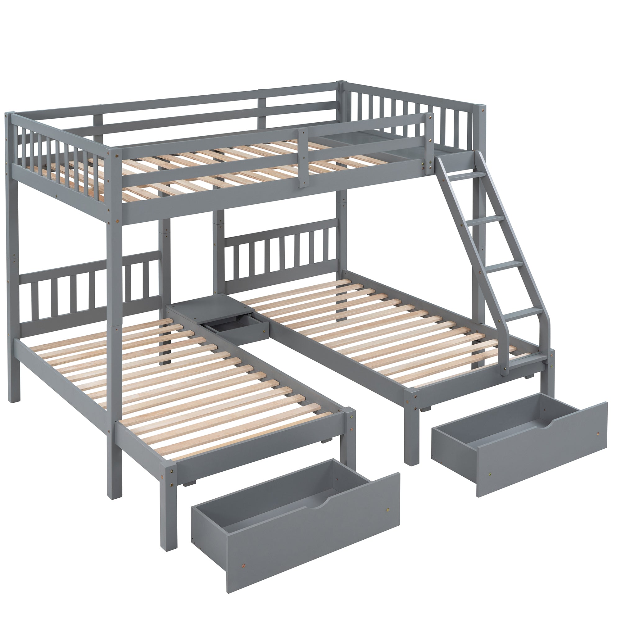 Full Over Twin & Twin Bunk Bed, Wood Triple Bunk Bed with Drawers and Guardrails, Gray (OLD SKU: LP000143AAE)