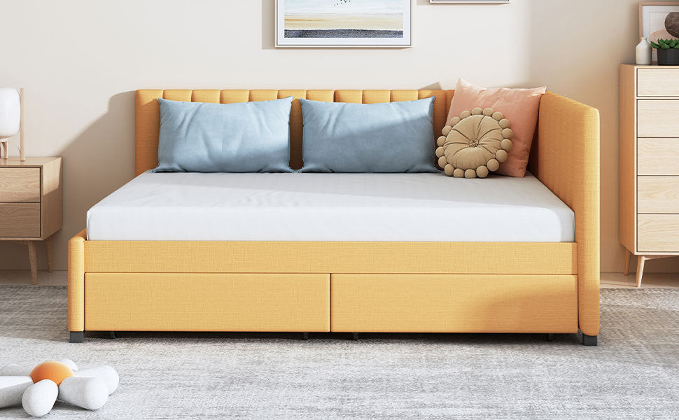Full Size Upholstered Daybed with 2 Storage Drawers Sofa Bed Frame No Box Spring Needed, Linen Fabric (Yellow) - Atlantic Fine Furniture Melbourne FL
