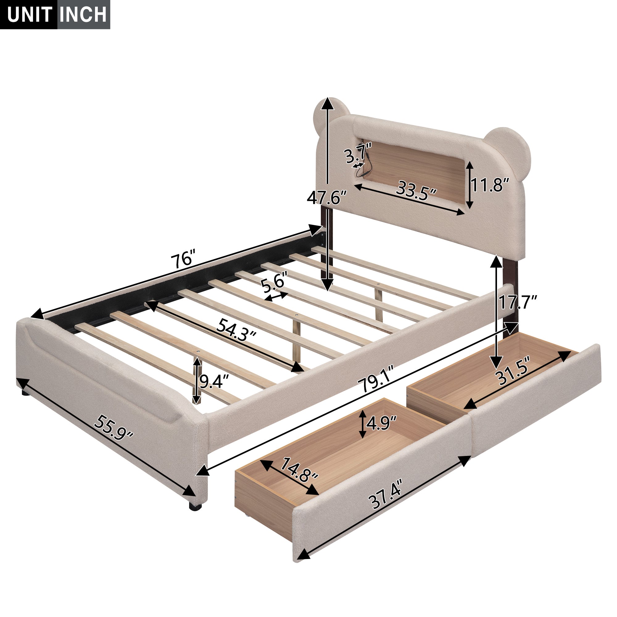 Full Size Upholstered Storage Platform Bed with Cartoon Ears Shaped Headboard, LED and USB, Beige - Atlantic Fine Furniture Melbourne FL