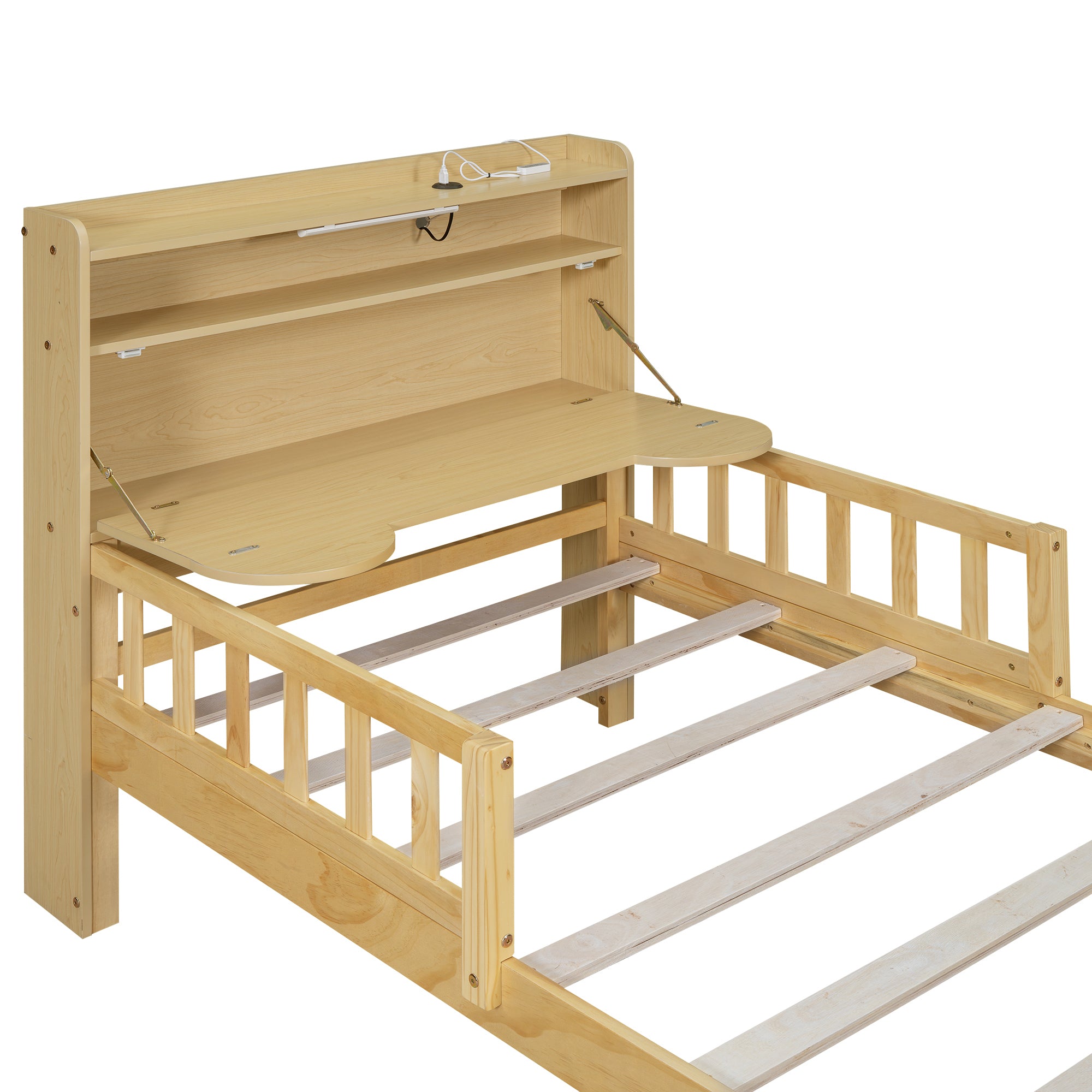 Twin Size Car Bed with Bear-Shaped Headboard, USB and LED, Natural - Atlantic Fine Furniture Melbourne FL
