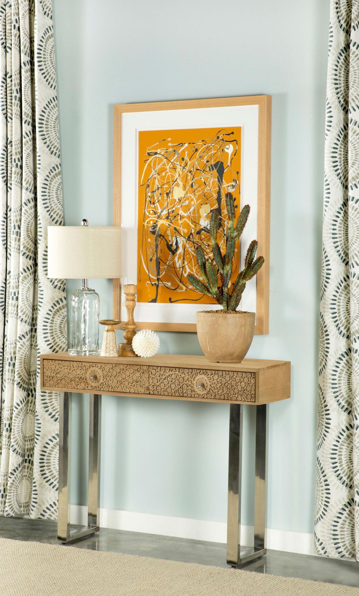 Draco 2-drawer Console Table Hand Carved Details Natural - Atlantic Fine Furniture Melbourne FL