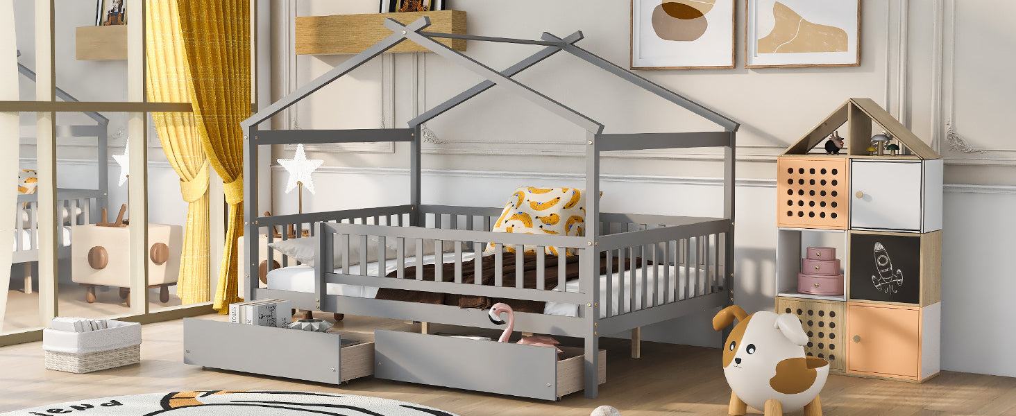 Full Size Wooden House Bed with Two Drawers,Gray - Atlantic Fine Furniture Melbourne FL