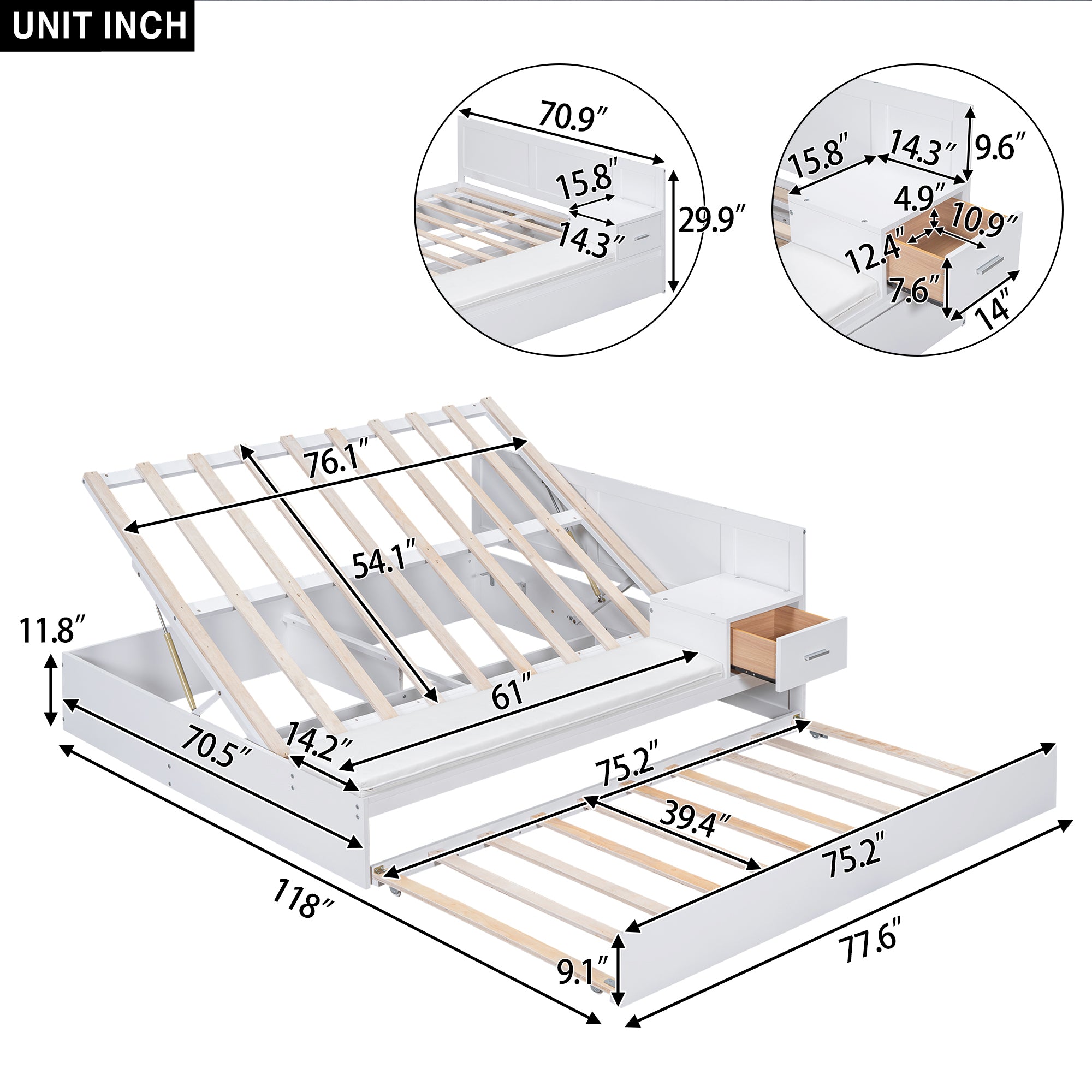Full Size Wood Storage Hydraulic Platform Bed with Twin Size Trundle, Side Table and Lounge, White - Atlantic Fine Furniture Melbourne FL