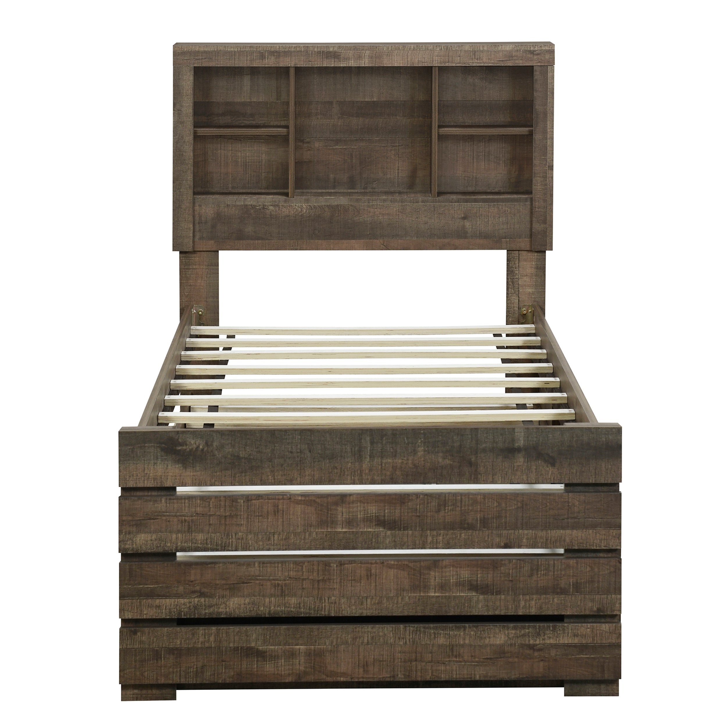 Farmhouse Style Twin Size Bookcase Captain Bed with Three Drawers and Trundle, Rustic Brown