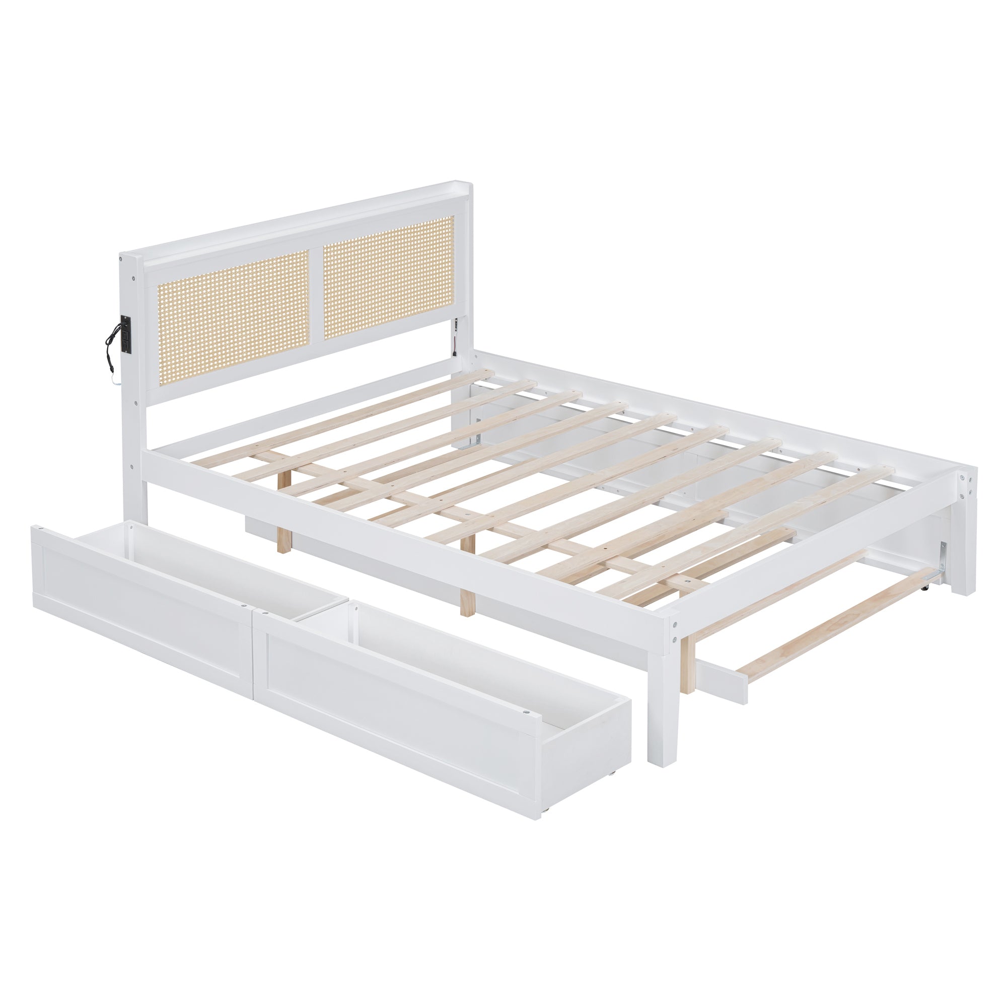 Full Size Elegant Bed Frame with Rattan Headboard and Sockets ,White - Atlantic Fine Furniture Melbourne FL