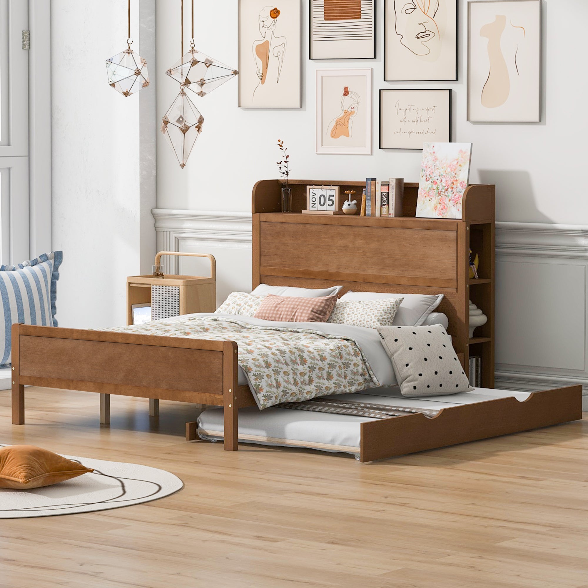 Full Size Platform Bed with Storage Headboard and Twin Size Trundle, Walnut - Atlantic Fine Furniture Melbourne FL